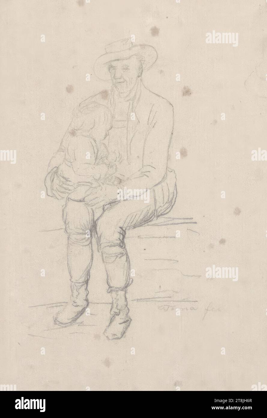 Homme assis avec un petit enfant sur ses genoux, carnet de croquis Toma Matthias Rudolf ; 53 croquis collés au crayon, pages collées du livre paginées, Matthias Rudolf Toma, Vienne 1792 - 1869 Vienne, dessin, crayon, feuille : 11,8 cm x 8,9 cm, Autriche Banque D'Images