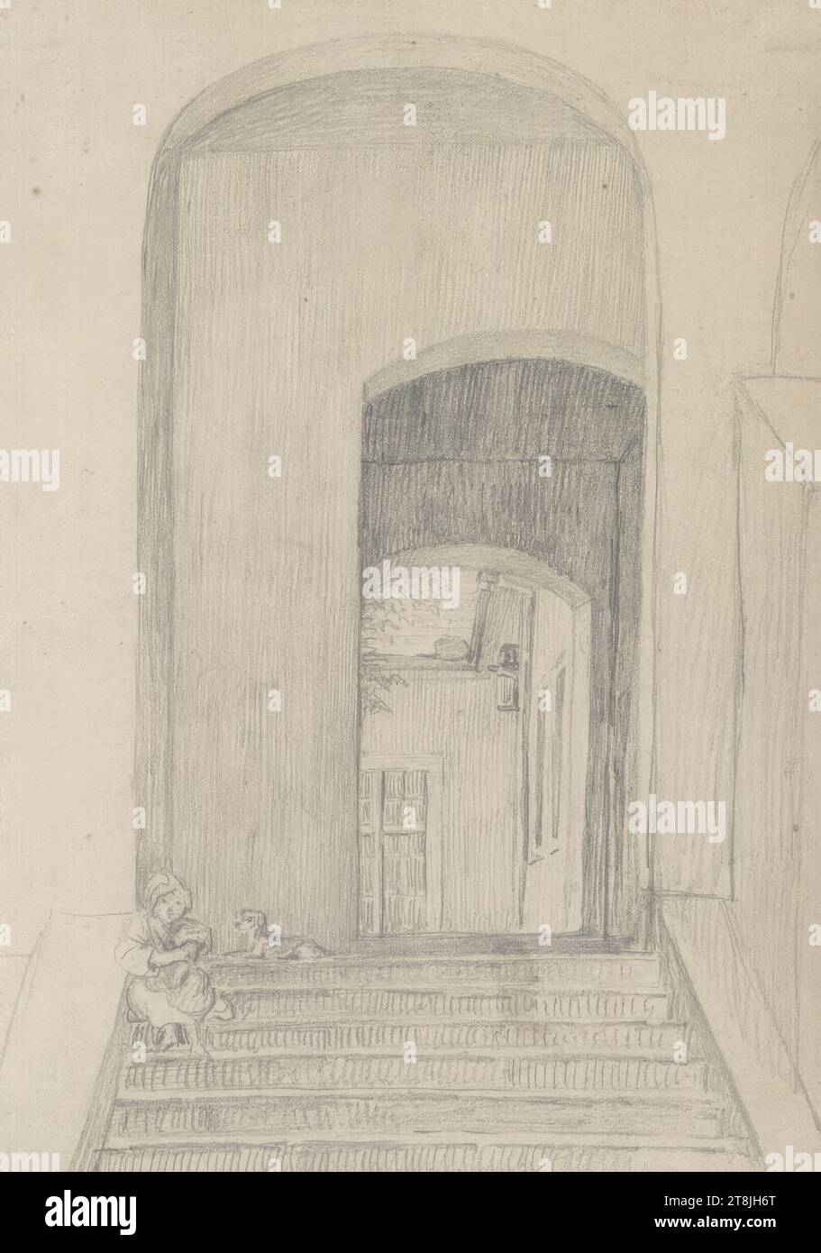 Vue sur les escaliers à travers une porte dans une cour intérieure, devant une fille assise avec un teckshund, carnet de croquis Toma Matthias Rudolf ; 53 croquis au crayon collés, pages de livres collées paginées, Matthias Rudolf Toma, Vienne 1792 - 1869 Vienne, dessin, crayon, feuille : 16,8 cm x 11,7 cm, Autriche Banque D'Images