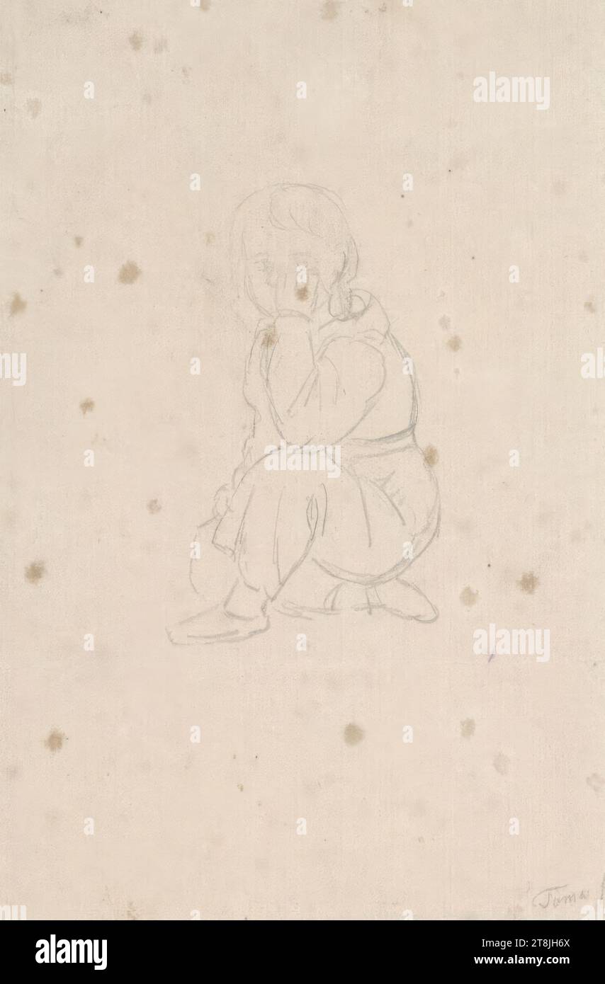 Fille accroupie, son visage dans sa main, carnet de croquis Toma Matthias Rudolf ; 53 croquis collés au crayon, pages collées du livre paginées, Matthias Rudolf Toma, Vienne 1792 - 1869 Vienne, dessin, crayon, feuille : 12,7 cm x 8,4 cm, Autriche Banque D'Images