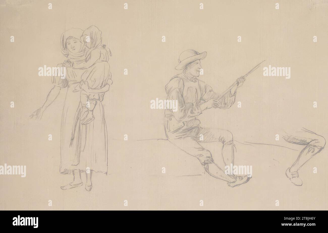 Femme debout avec enfant dans les bras ; assise avec chapeau et bâton tournés vers le haut ; variante d'une jambe, carnet de croquis Toma Matthias Rudolf ; 53 croquis collés au crayon, pages collées de livres paginées, Matthias Rudolf Toma, Vienne 1792 - 1869 Vienne, dessin, crayon, feuille : 11,7 cm x 16,7 cm, Autriche Banque D'Images