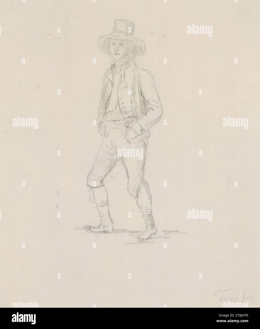 Homme debout en costume traditionnel, carnet de croquis Toma Matthias Rudolf ; 53 croquis collés au crayon, pages collées du livre paginées, Matthias Rudolf Toma, Vienne 1792 - 1869 Vienne, dessin, crayon, feuille : 11,7 cm x 10,3 cm, Autriche Banque D'Images