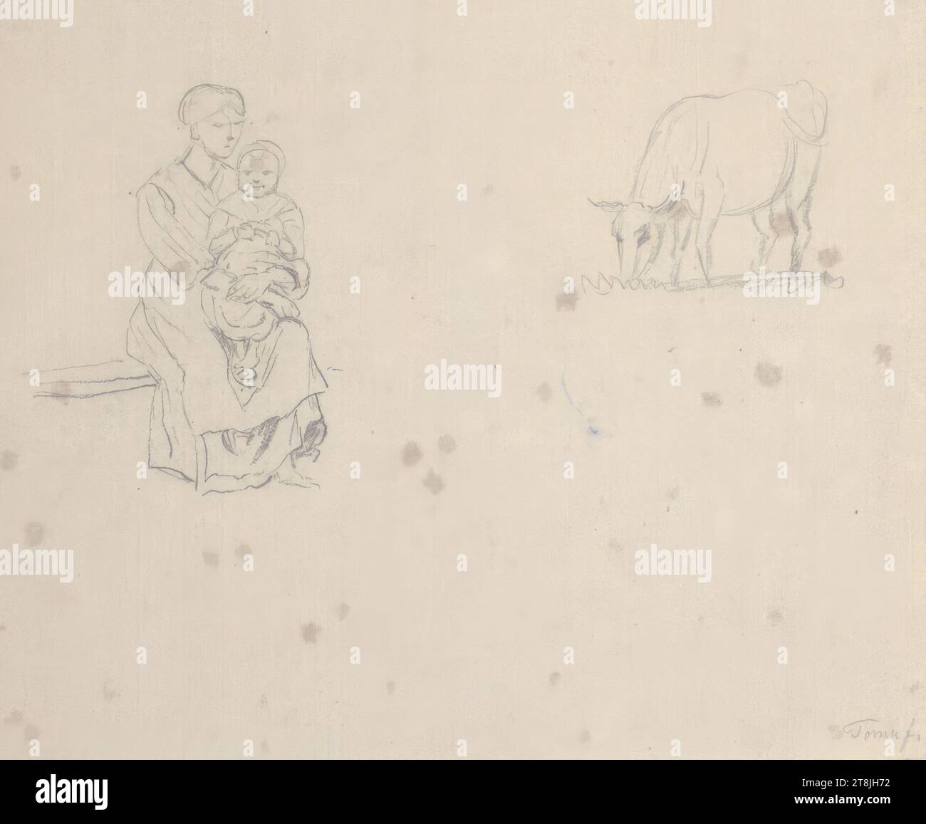 Femme assise sur un banc avec un enfant sur ses genoux ; boeuf à l'arrière-plan, carnet de croquis Toma Matthias Rudolf ; 53 croquis collés au crayon, pages collées du livre paginées, Matthias Rudolf Toma, Vienne 1792 - 1869 Vienne, dessin, crayon, feuille : 10,2 cm x 12,3 cm, Autriche Banque D'Images