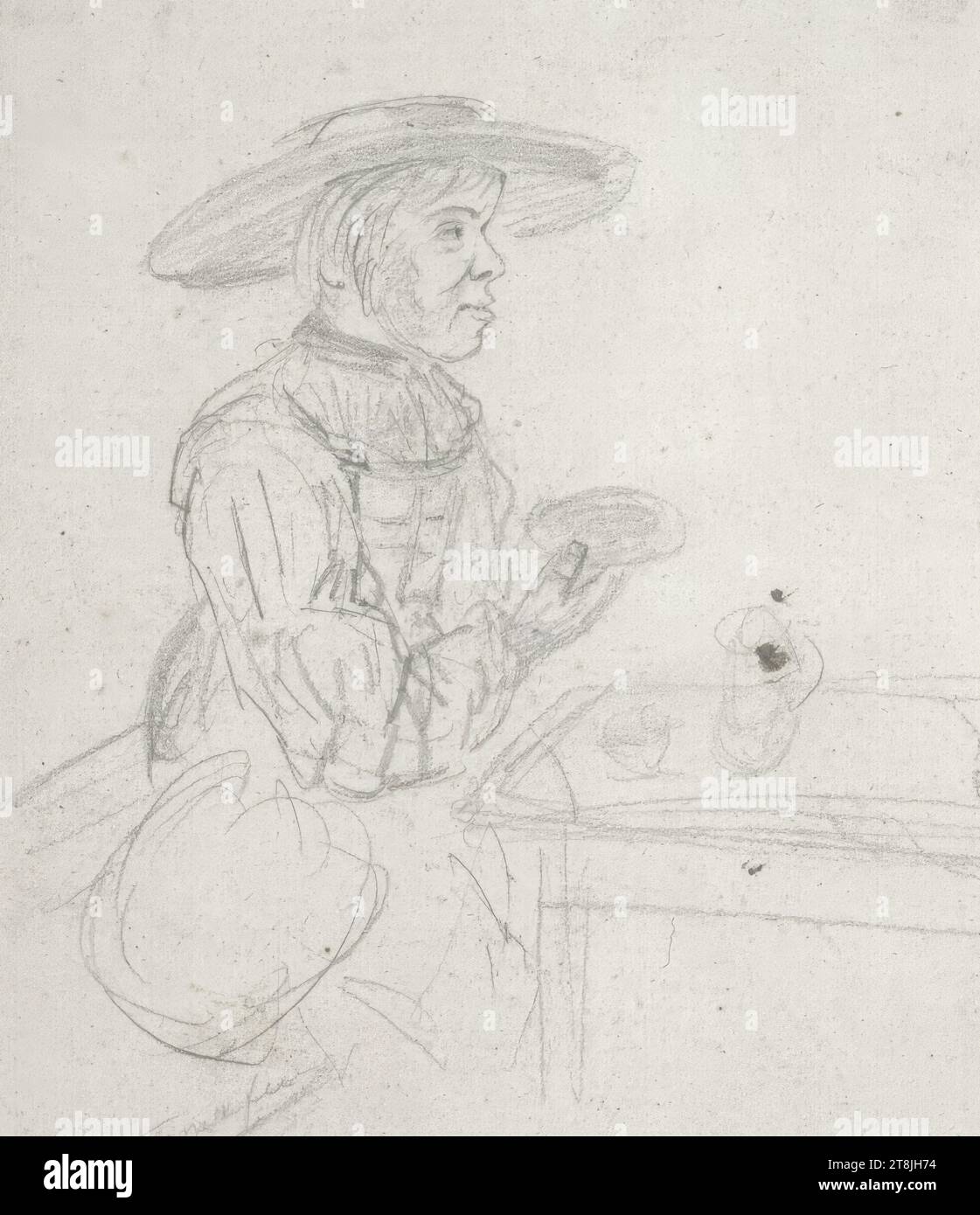 Femme assise avec un chapeau à une table, une assiette à la main, carnet de croquis Toma Matthias Rudolf ; 53 croquis collés au crayon, pages collées de livres paginées, Matthias Rudolf Toma, Vienne 1792 - 1869 Vienne, dessin, crayon, feuille : 12,1 cm x 10,5 cm, Autriche Banque D'Images