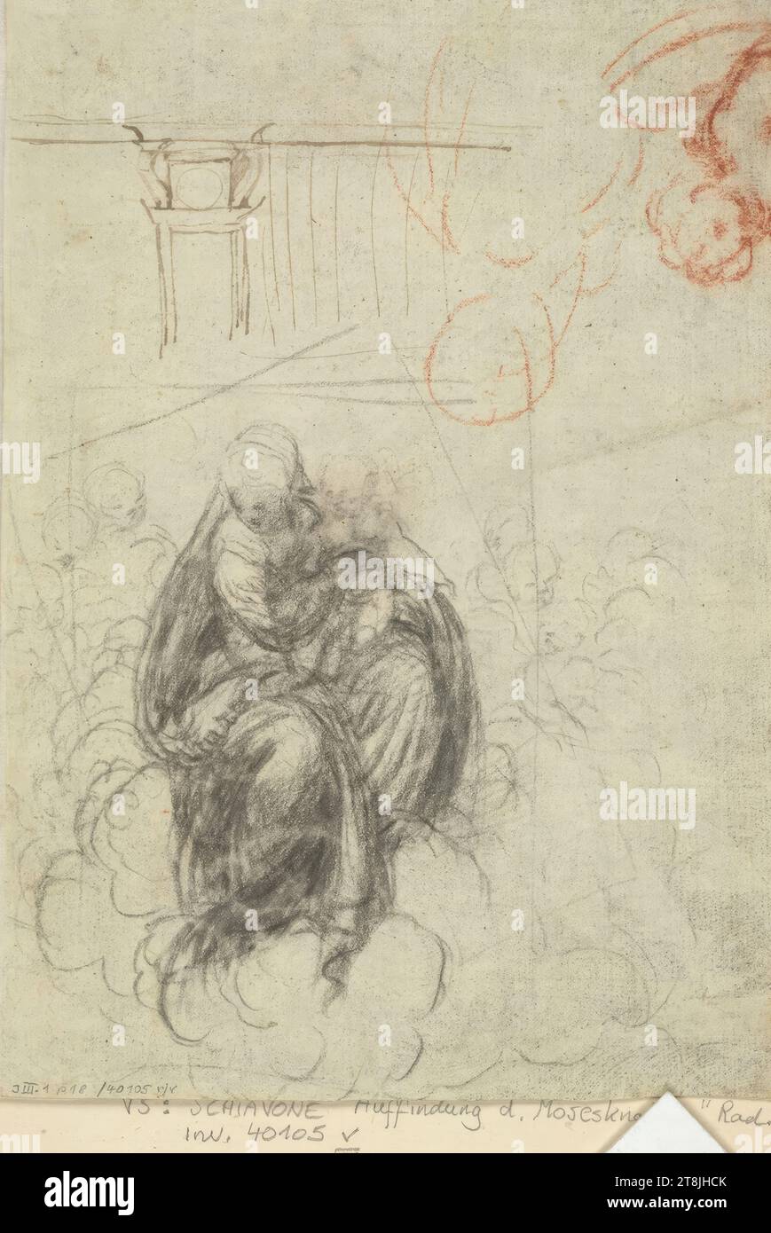 Feuille d'esquisse. Madone et enfant entourés d'anges sur les nuages, charbon de bois, inversé : Madone et enfant fugace, craie rouge, architecture de colonne avec corniches, Andrea Meldolla, appelé Schiavone, Zara, Sebenico, vers 1500/15 - 1563 Venise, dessin, fusain ; craie rouge ; plume; la Vierge à la craie rouge taillée, 20,2 x 14,3 cm, sans cachet de collectionneur Duc Albert de Saxe-Teschen Banque D'Images Feuille d'esquisse. Madone et enfant entourés d'anges sur les nuages, charbon de bois, inversé : Madone et enfant fugace, craie rouge, architecture de colonne avec corniches, Andrea Meldolla, appelé Schiavone, Zara, Sebenico, vers 1500/15 - 1563 Venise, dessin, fusain ; craie rouge ; plume; la Vierge à la craie rouge taillée, 20,2 x 14,3 cm, sans cachet de collectionneur Duc Albert de Saxe-Teschen Banque D'Images