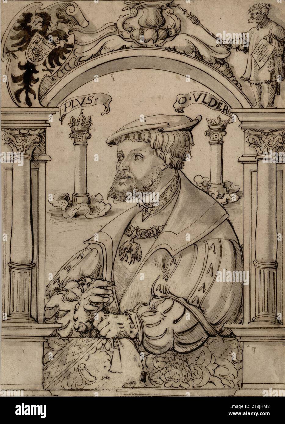 Empereur Charles V, dessin, stylo en brun foncé, lavis gris-brun, drap monté, 28 x 19,9 cm, pas de timbre de collectionneur Herzog Banque D'Images