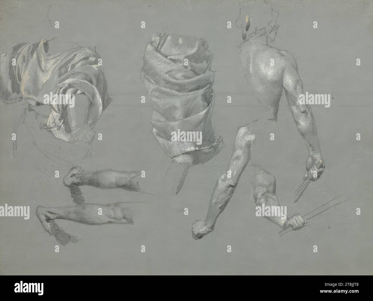 Études de vêtements, bras et jambes, Alexander Rothaug, Vienne 1870 - 1946 Vienne, dessin, crayon, craie, rehaussé de blanc, craie rouge, lavée, papier gris, 23,5 x 32,6 cm, Autriche Banque D'Images