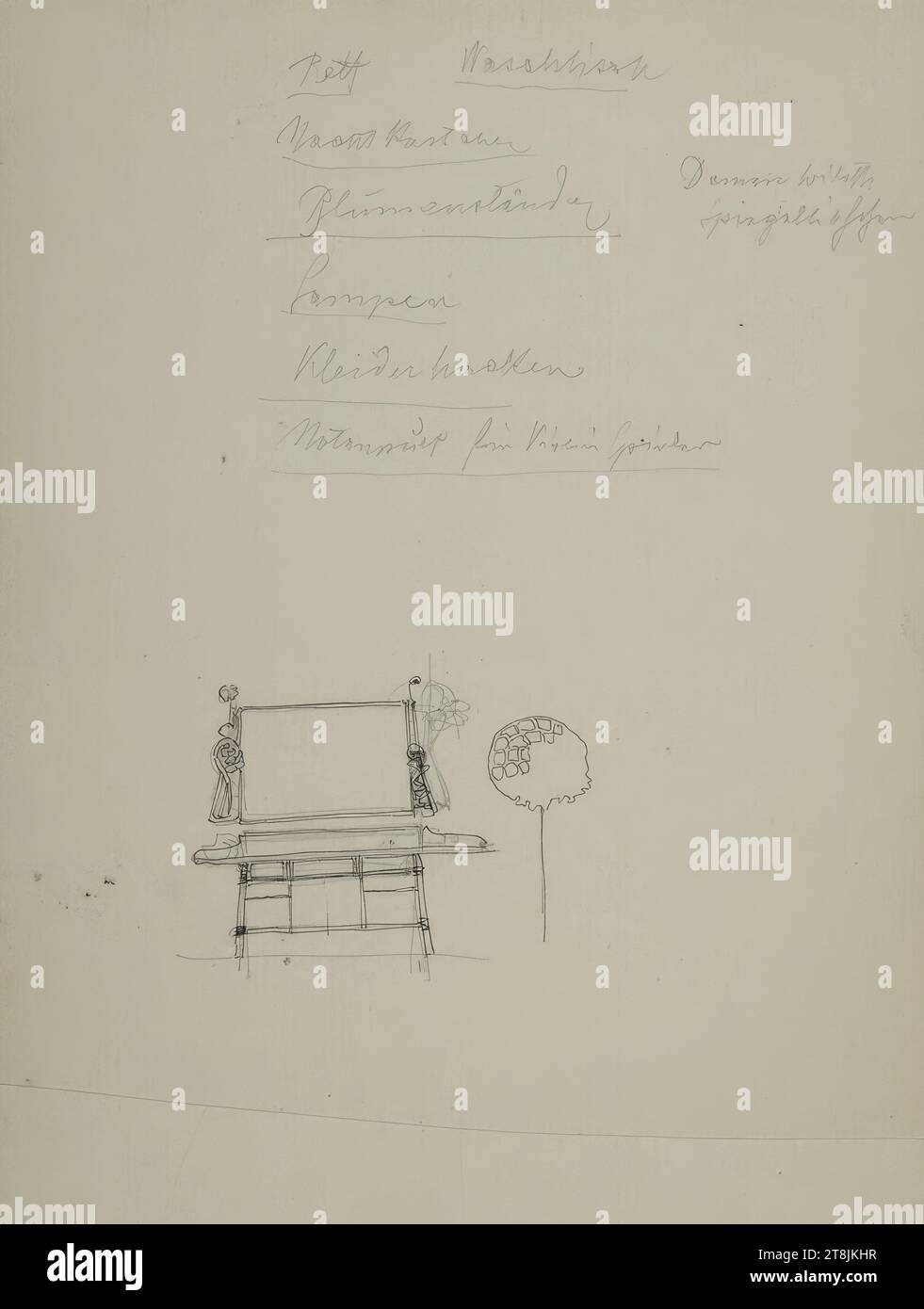 Croquis d'une psyché ou d'un pupitre à musique et notes sur des meubles, carnet de croquis Farmer Leopold ; 44 pages paginées, Leopold Bauer, Krnov, Jägerndorf, 1872 - 1938 Vienne, 1900, dessin, crayon ; plume en noir, drap : 20,2 x 17 cm, M.O. 'meuble-lavabo / table de chevet / support de fleurs / lampes / penderie, Autriche Banque D'Images