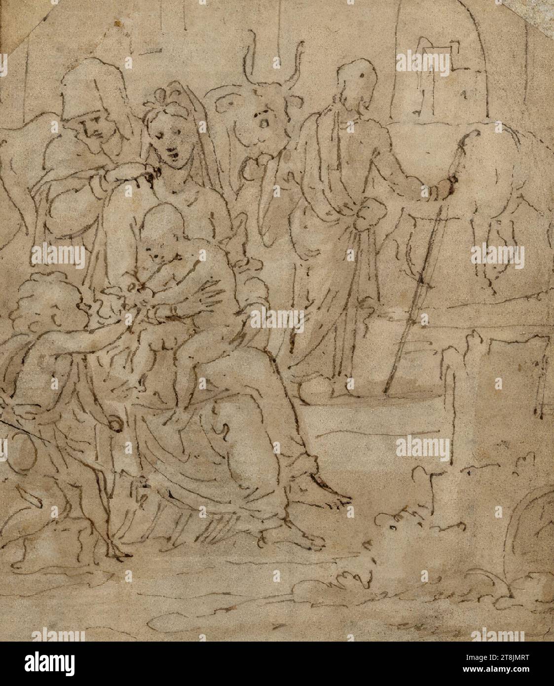 La sainte famille avec Elisabeth et Jean, Saint Joseph s'occupant du bœuf et de l'âne, Leonard Thiry, Deventer vers 1500 - vers 1550 Anvers, dessin, plume, encre, pinceau, lavage brunâtre avec bister, 9,6 x 8,3 cm, r.u. 'Tyris Banque D'Images La sainte famille avec Elisabeth et Jean, Saint Joseph s'occupant du bœuf et de l'âne, Leonard Thiry, Deventer vers 1500 - vers 1550 Anvers, dessin, plume, encre, pinceau, lavage brunâtre avec bister, 9,6 x 8,3 cm, r.u. 'Tyris Banque D'Images
