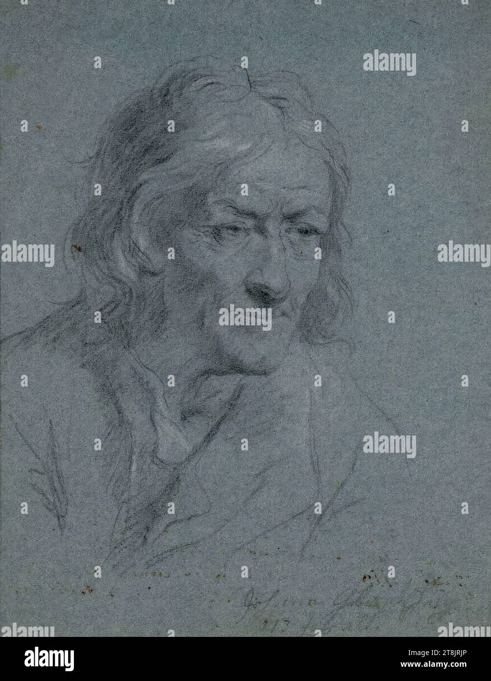 Johann Glantschnig, étude de portrait, Franz Linder, Klagenfurt 1736/38 - 1802 Vienne, dessin, craie noire et blanche sur papier bleu, 21 x 16,4 cm, à droite. 'Johann Glantsching 113 ans, Autriche Banque D'Images