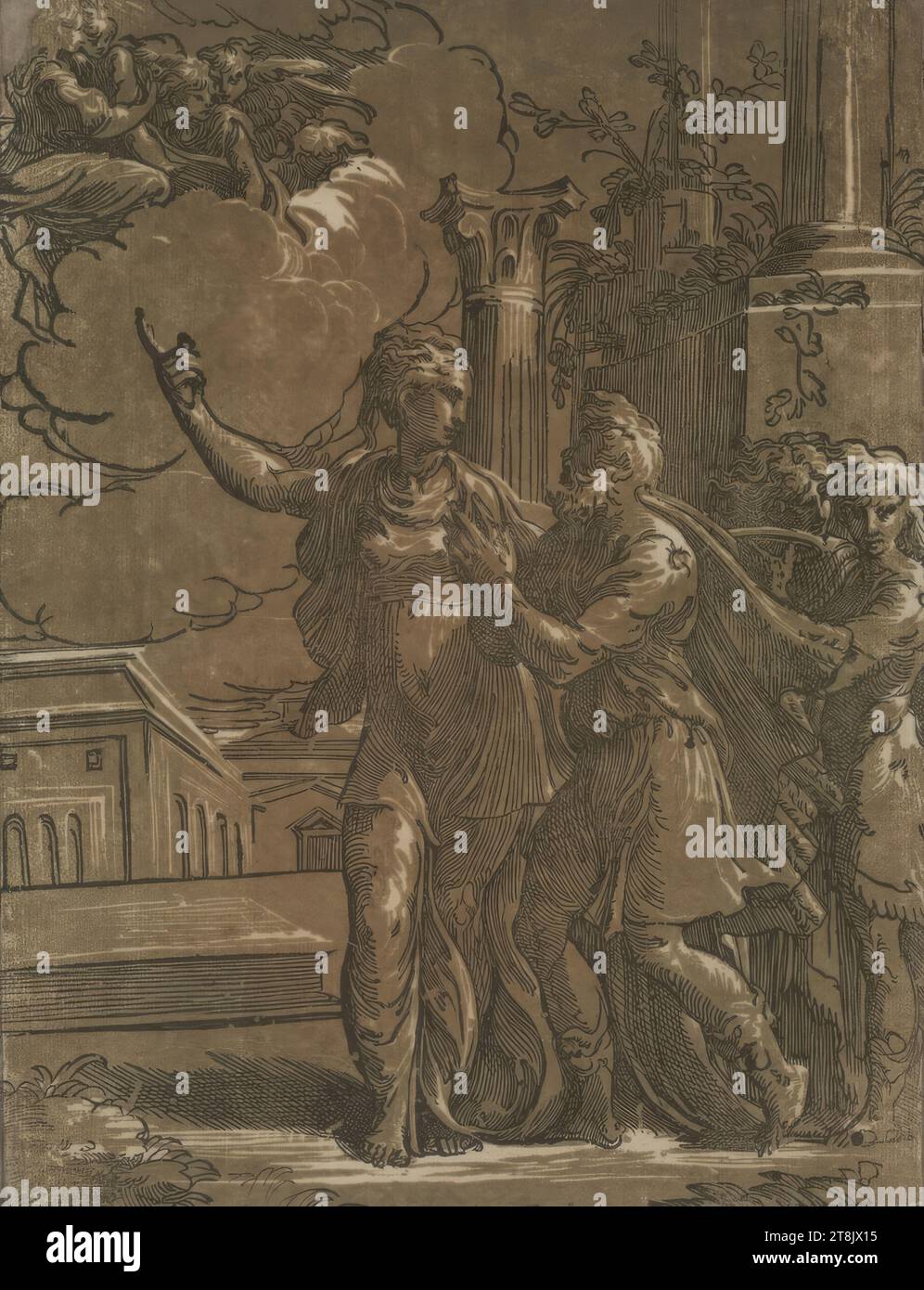 Auguste et la Sibylle Tiburtine, Antonio da Trento, Italie, vers 1500 - 1550, vers 1529/1530, impression, gravure sur bois clair-obscur en deux planches, feuille : 35,2 x 26,7 cm Banque D'Images