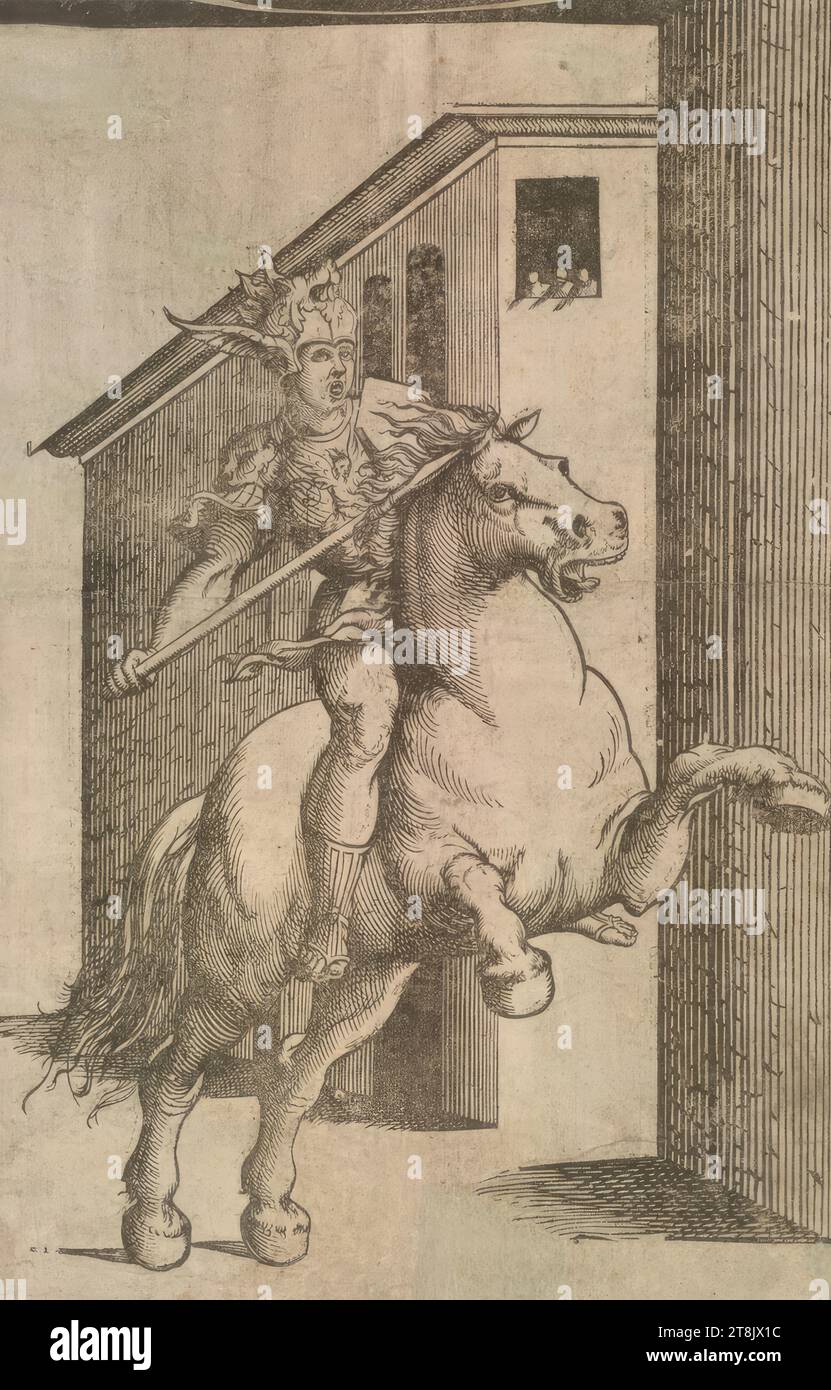 Marcus Curtius à cheval, Niccolò Boldrini, Italie, adulte 1540/1549, /1566 - 1566, 2e tiers du 16e siècle, impression, gravure sur bois clair-obscur, sans plaque d'argile, feuille : 38,7 x 25 .3 cm Banque D'Images