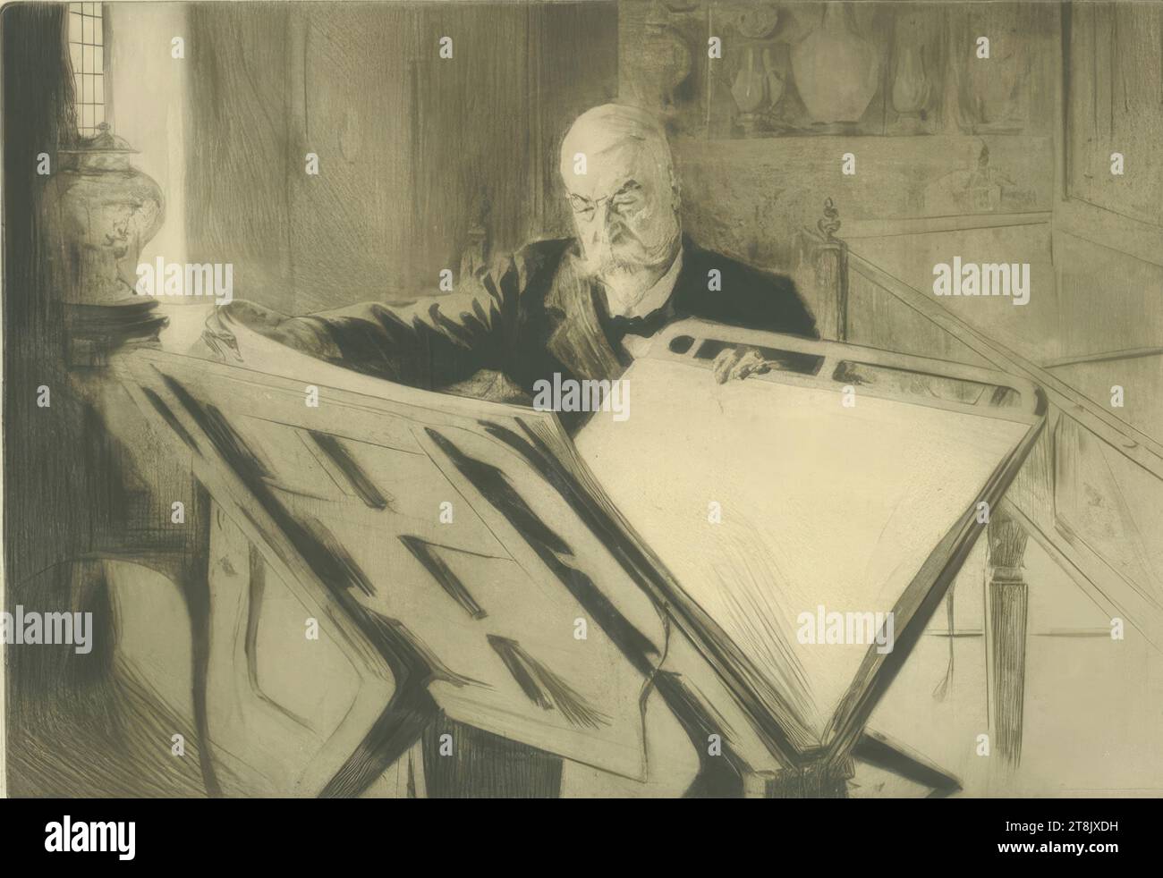 Collectionneur de gravures, Edgar Chahine, Vienne 1874 - 1947 Paris, vers 1895, tirage, pointe sèche, feuille : 29,4 cm x 46,4 cm, l.l. timbre gaufré 'Ed SAGOT/ Editeur/ PARIS', à droite. '12/15', crayon, Autriche Banque D'Images