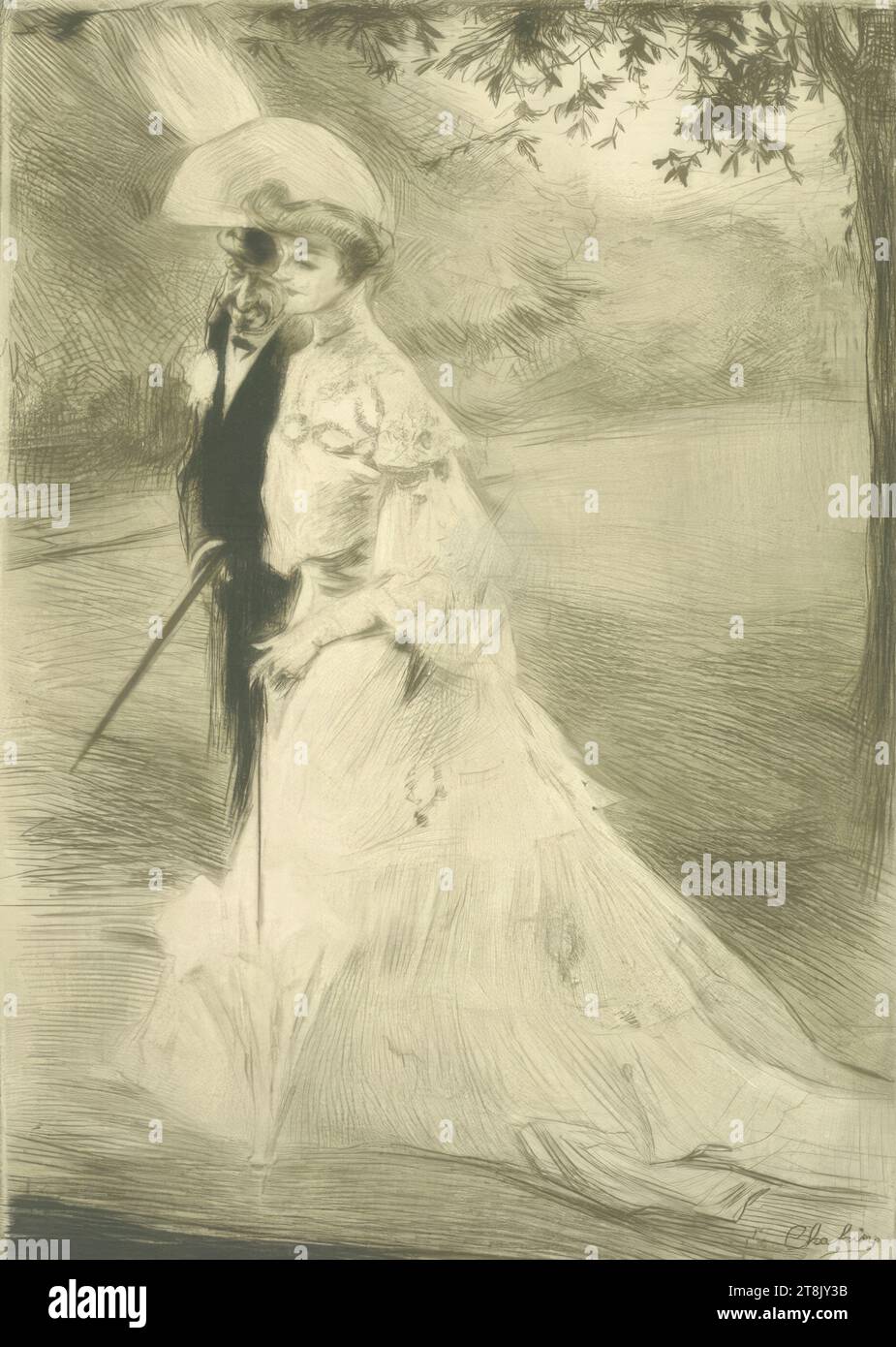 En promenade, Edgar Chahine, Vienne 1874 - 1947 Paris, 1904, impression, point sec ; papier japonais, feuille : 38,2 cm x 28,4 cm, l.l. estampille 'ED SAGOT/ Editeur/ PARIS', Autriche Banque D'Images