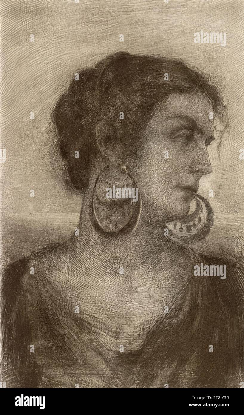 Femme avec de grandes boucles d'oreilles, Basilio Cascella, Pescara 1860 - 1950 Rome, 1907, impression, gravure en brun Banque D'Images