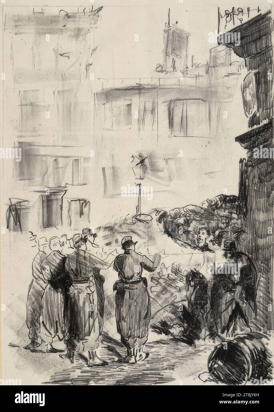 La barricade, scène du soulèvement de la commune de Paris, Edouard Manet, Paris 1832 - 1883 Paris, 1871, estampe, lithographie ; sur papier chinois roulé, 47,6 x 34 cm Banque D'Images