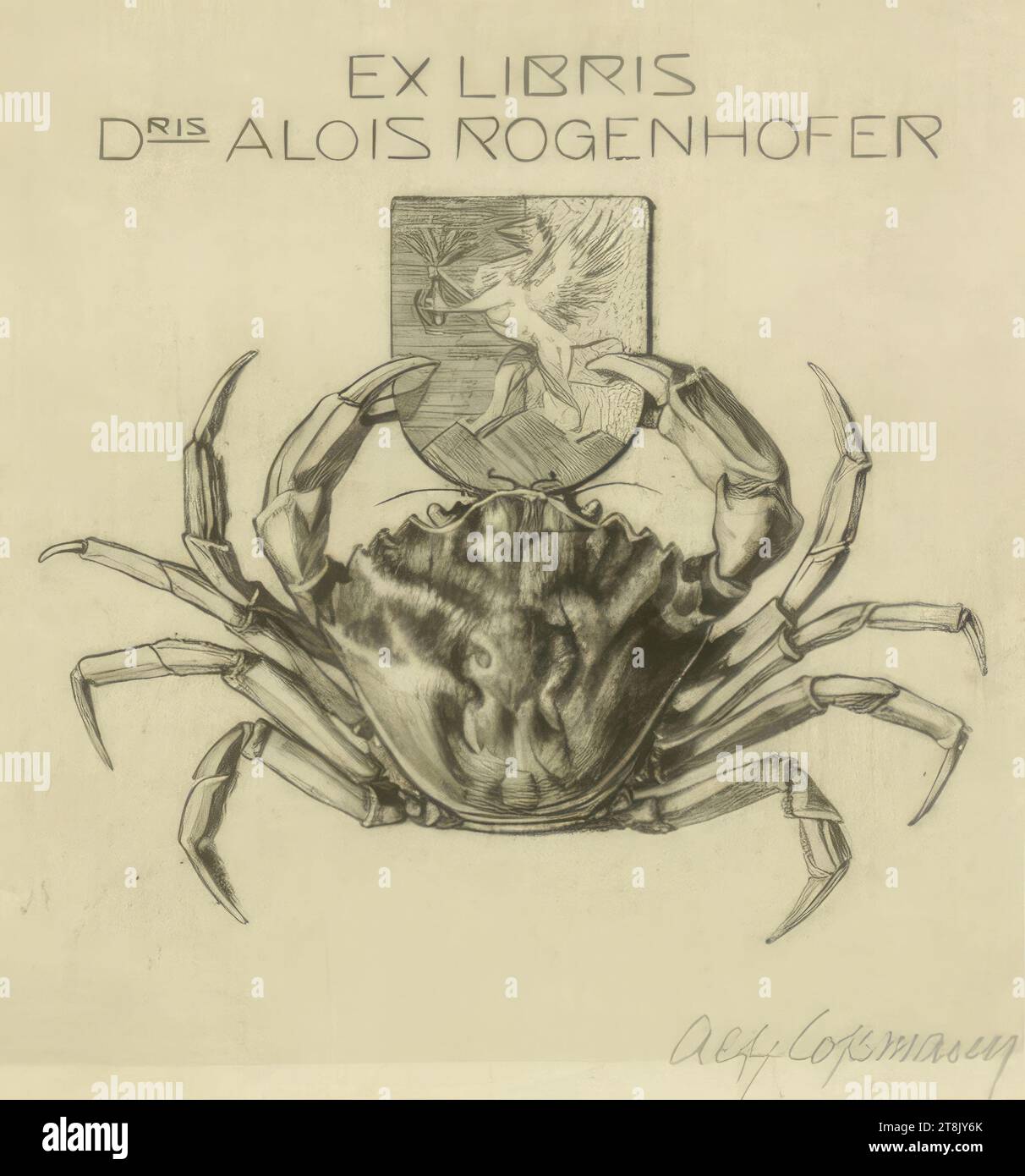 Crabe aux armoiries, Alfred Cossmann, Graz 1870 - 1951 Vienne, tirage, gravure, feuille : 17,9 x 16,4 cm, M.o., en impression, 'EX LIBRIS / DRIS Alois Rogenhofer, Autriche Banque D'Images