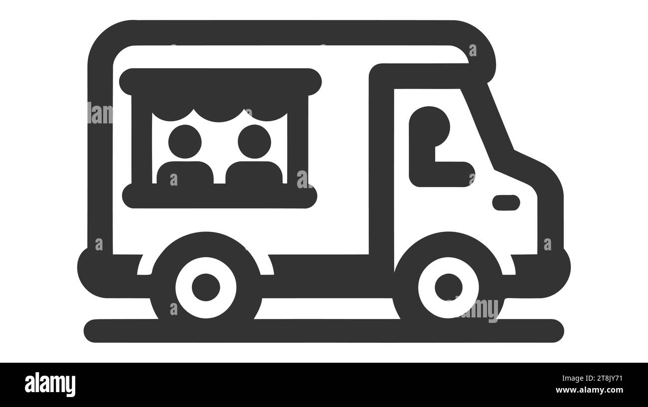 Modèle d'icône Street food truck. Illustration de fourgonnette commerciale de ligne de vecteur. Fond de logo de voiture de café mobile. Transport de la boutique du festival pour cuisiner et vendre des repas Illustration de Vecteur