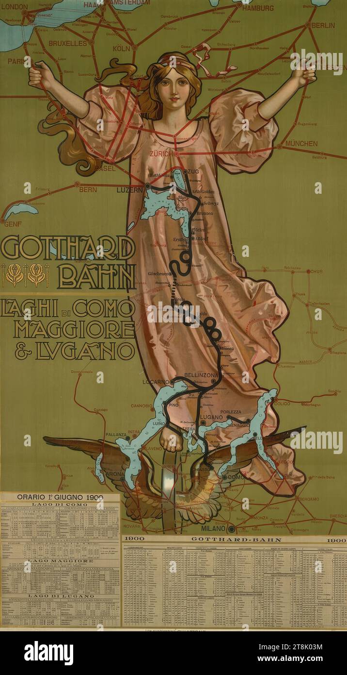 CHEMIN DE FER DU GOTHARD ; ORARIO 1er GIUGNO 1900, Anonyme, 1899, 1900, imprimé, lithographie couleur, feuille : 1300 mm x 750 mm Banque D'Images