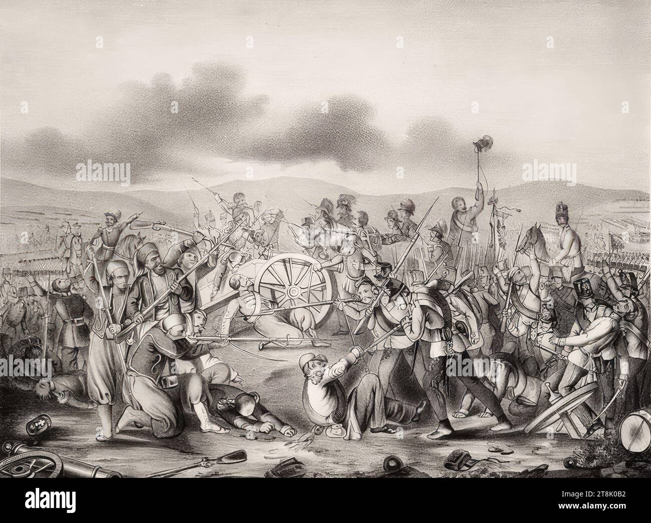 BATAILLE DE MAGENTA LES 4 ET 5 JUIN 1859., 'par laquelle le 3e bataillon Jäger captura un canon rayé français.', vers 1860, impression, lithographie sur papier, feuille : 32 × 44,9 cm, timbre long 'BIBLIOTHÈQUE, DU K.K., MINISTÈRE DE LA POLICE', recto, timbre rond 'BIBLIOTHÈQUE DU PRÉSIDIUM DU CONSEIL DU MINISTRE K.K.', recto, [U.U.] 'avec réserve contre réimpression Banque D'Images