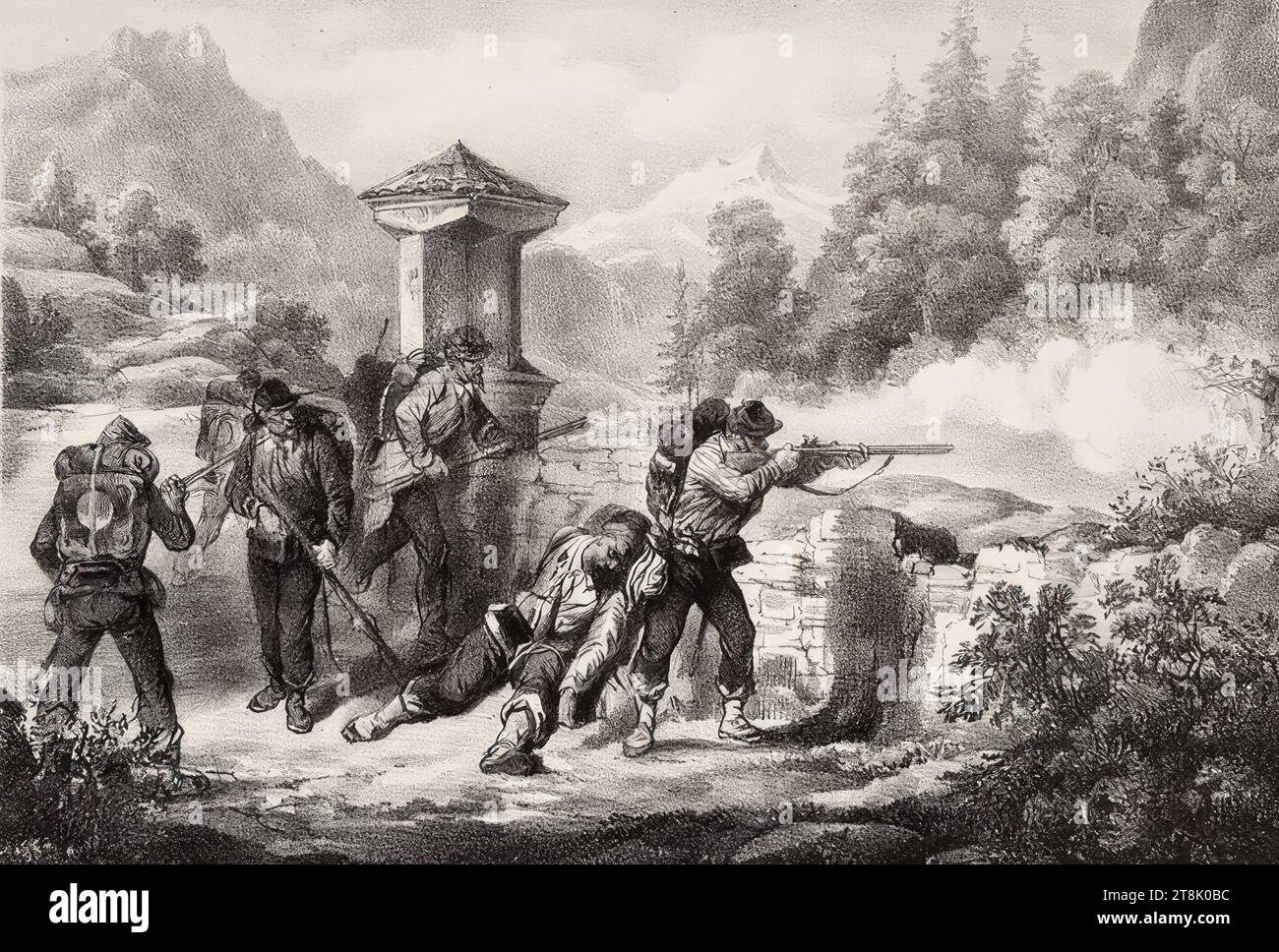 Bataille entre les chasseurs alpins garibaldiens et les tirailleurs tyroliens dans la guerre de Sardaigne 1859, vers 1860, estampe, lithographie sur papier, feuille : 22,5 × 29,5 cm, timbre rond 'LIBRARY OF THE K.K. MINISTER'S COUNCIL PRESIDIUM', verso Banque D'Images