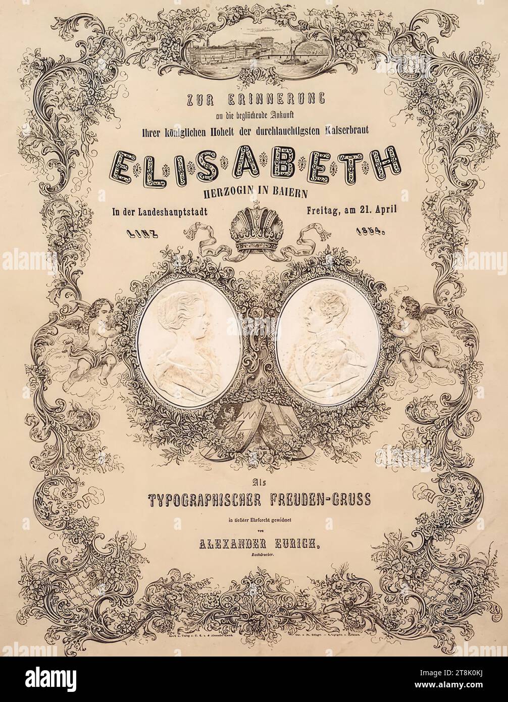 Feuille commémorative de l'arrivée de la mariée impériale, Elisabeth Duchesse en Bavière, le 21 avril à Linz, 1854, impression, gravure sur bois sur papier avec plaque d'argile et deux médaillons de portrait en gaufrage aveugle, feuille : 45,5 × 34,8 cm Banque D'Images