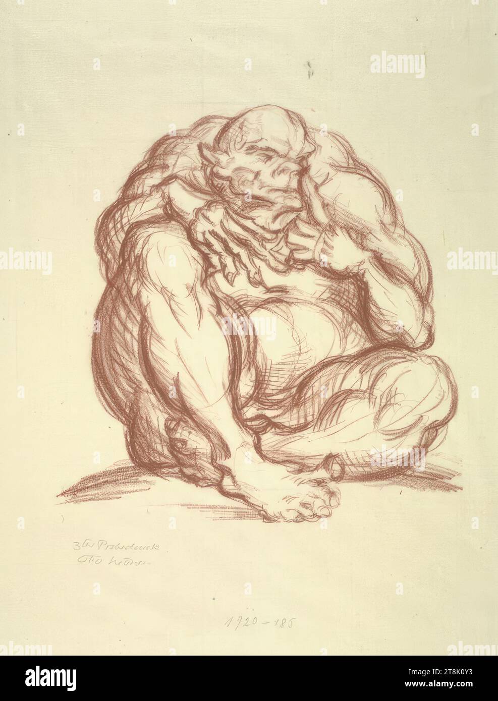 Gorille accroupie, Otto Hettner, Dresde 1875 - 1931 Dresde, 1918, tirage, lithographie à la craie rouge, papier japonais, planche : 28 x 27 cm, l.l. '3rd test print Banque D'Images