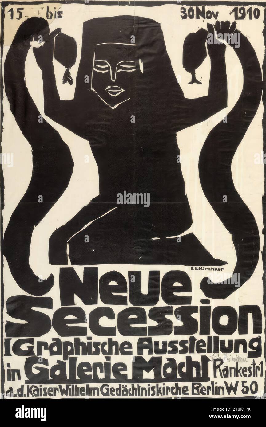 Nouvelle sécession ; I. Exposition graphique à la Galerie Macht Berlin du 15 au 30 novembre. 1910, Ernst Ludwig Kirchner, Aschaffenburg 1880 - 1938 Frauenkirch près de Davos, 1910, imprimé, gravure sur bois, feuille : 73 x 49 cm, texte imprimé : '15 to 30Nov 1010 / EL Kirchner / Neue Secession / exposition graphique / dans Galerie Macht Rankestr1 / a.d. Kaiser Wilhelm Memorial Church Berlin W50 Banque D'Images