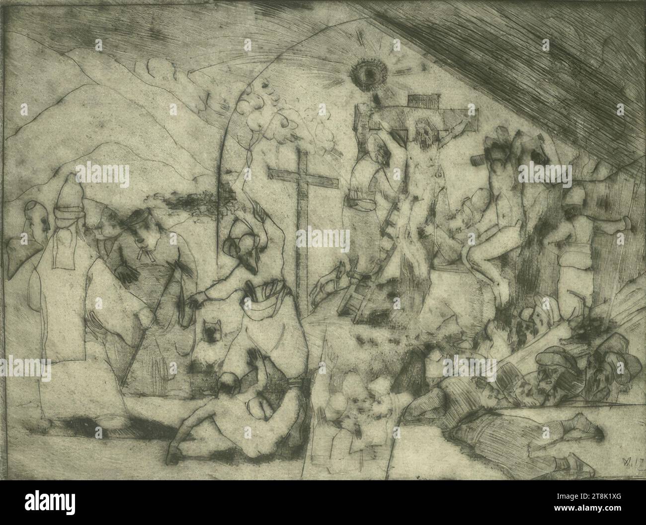 Grande Crucifixion, Wilhelm Morgner, Soest 1891 - 1917 Langemark en Flandre Occidentale, 1917, impression, pointe sèche, plaque : 18,5 x 24,5 cm, l.l. 'Crucifixion Dr. No 9/25 MST Banque D'Images