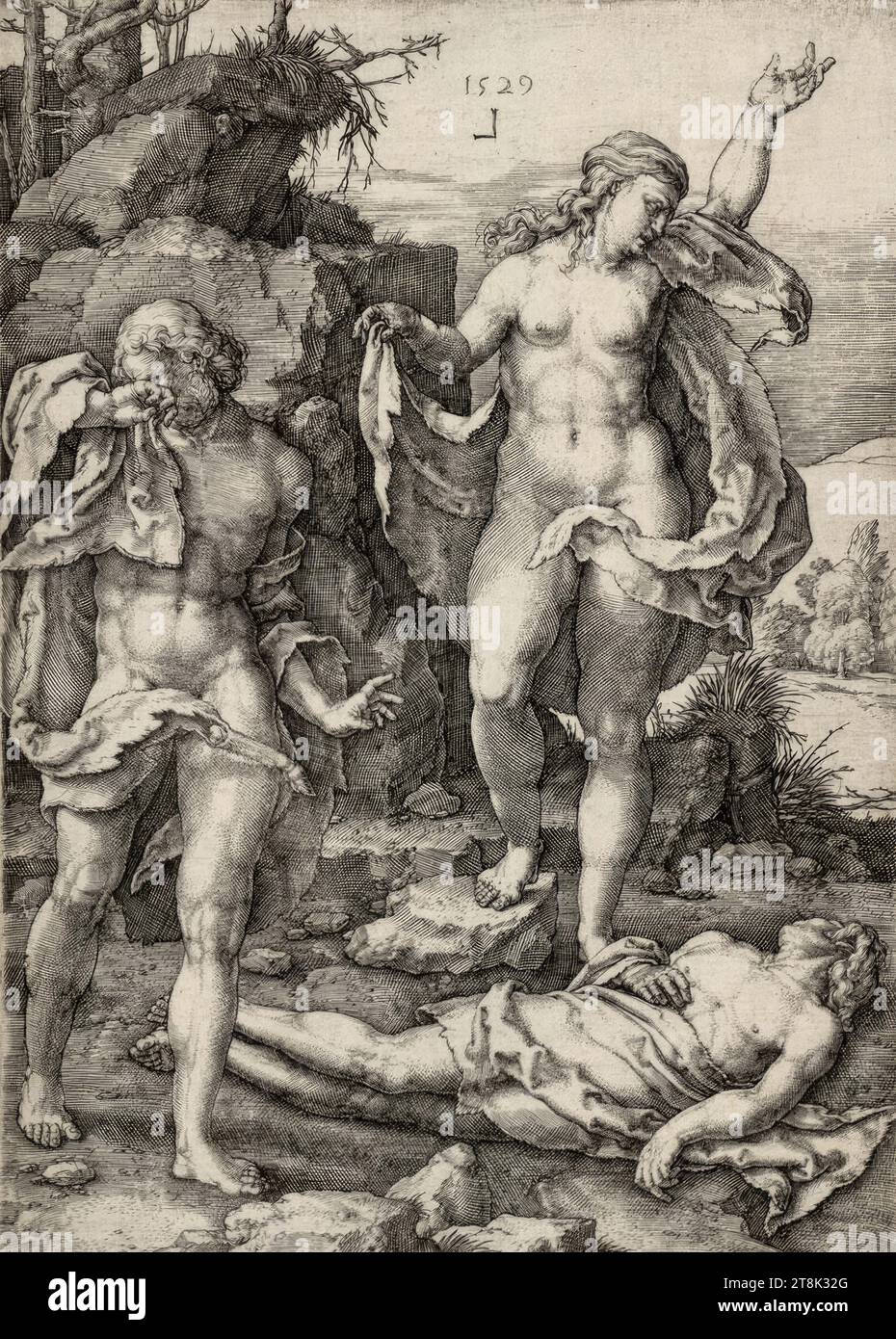 Adam et Eve pleurent Abel, Creation Story, Lucas Hugensz. Van Leyden, Leiden 1494 - 1533 Leiden, 1529, tirage, gravure sur cuivre, planche : 16,2 x 11,6 cm, selon New Hollstein Banque D'Images