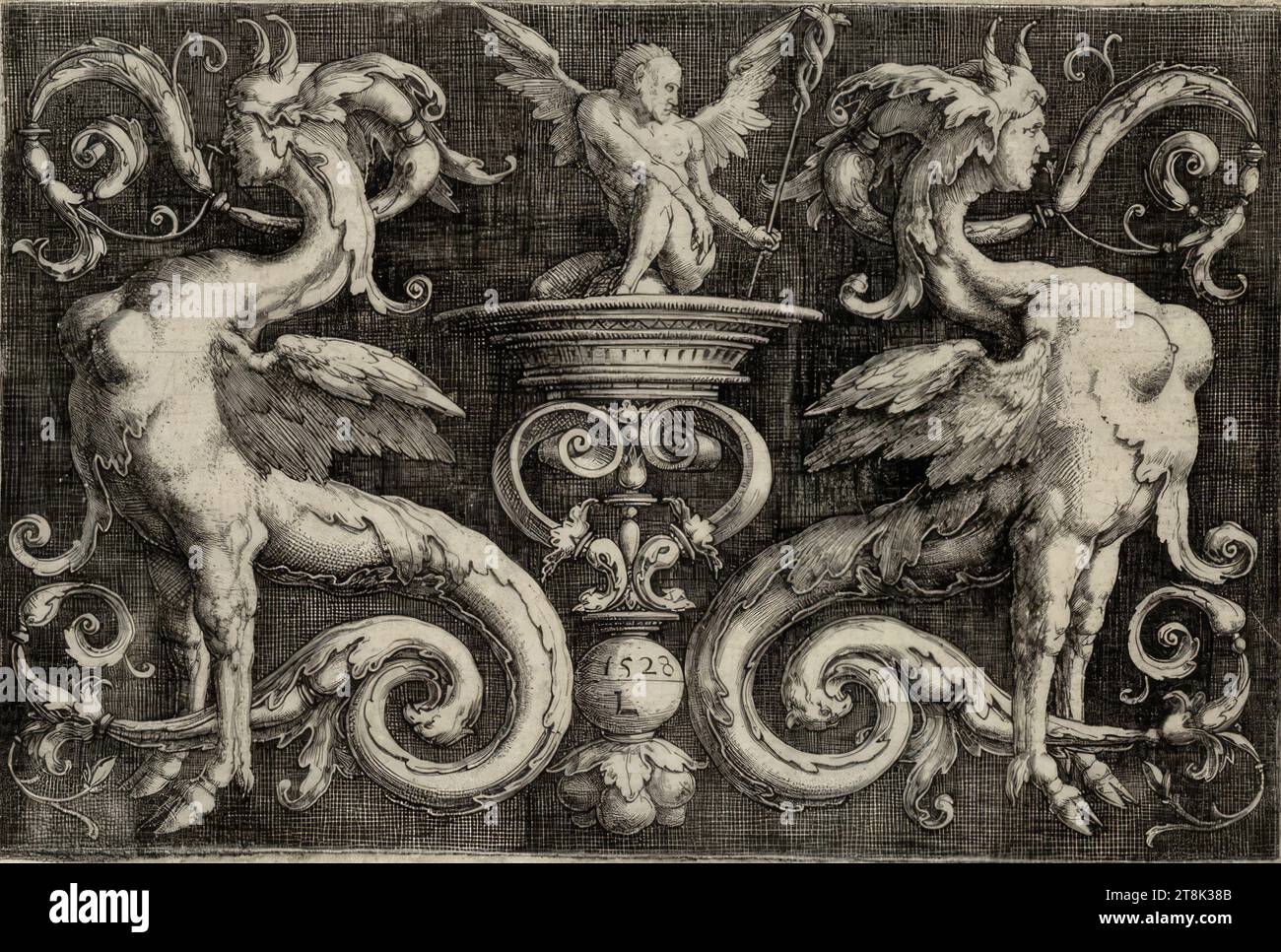 Ornement avec deux sphinx et un homme ailé, Lucas Hugensz. Van Leyden, Leiden 1494 - 1533 Leiden, 1528, tirage, gravure sur cuivre, planche : 8 x 11,8 cm, selon New Hollstein Banque D'Images