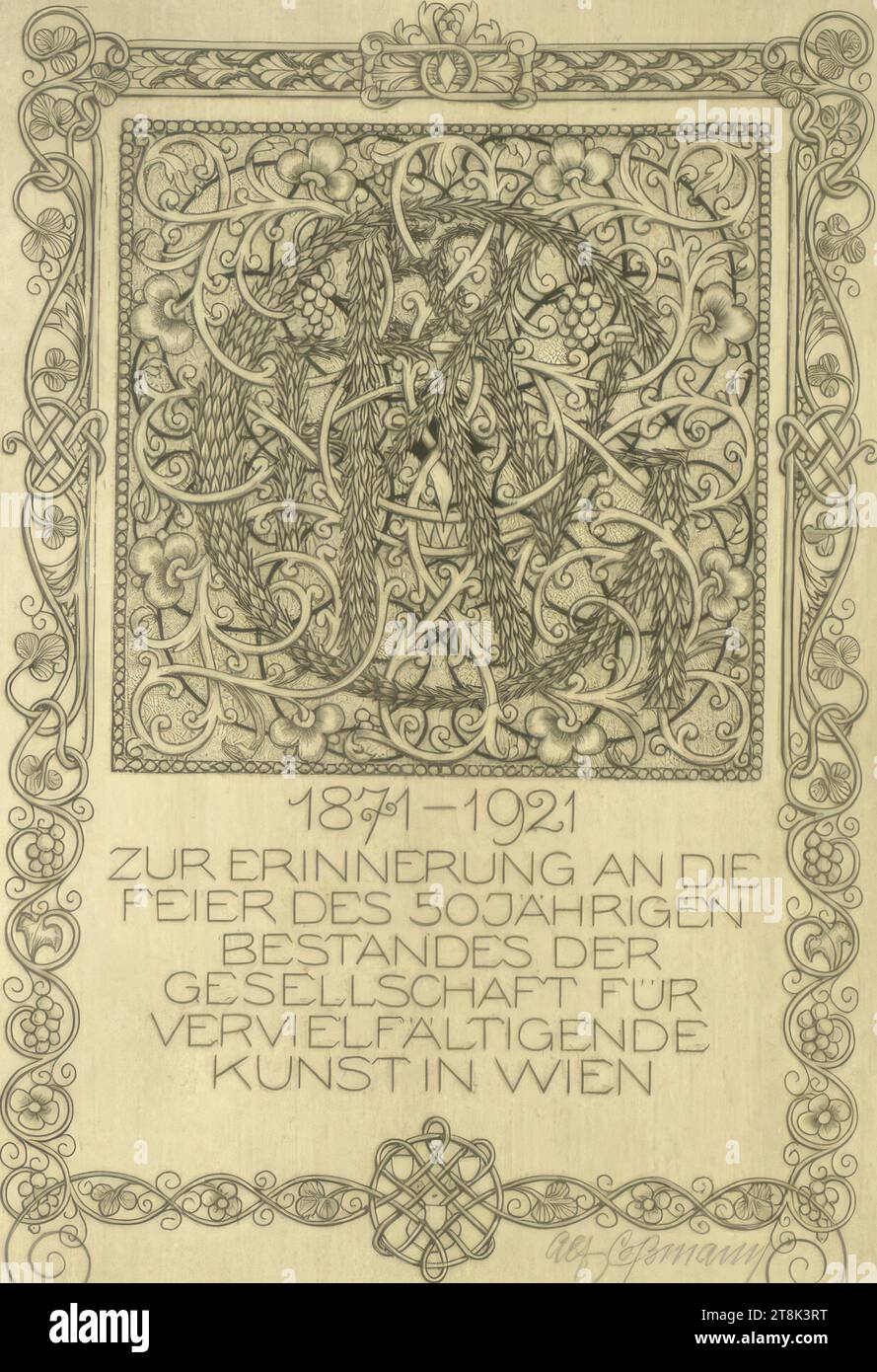 Feuille commémorative de la Société pour la reproduction de l'art, Alfred Cossmann, Graz 1870 - 1951 Vienne, estampe, gravure sur cuivre, feuille: 21,8 X 15,4 CM, M.U., IMPRIMÉ, '1871 - 1921 / A RETENIR / CÉLÉBRATION DU 50E ANNIVERSAIRE / EXISTENCE DE LA / SOCIÉTÉ POUR / REPRODUCTION / ART À VIENNE, AUTRICHE Banque D'Images