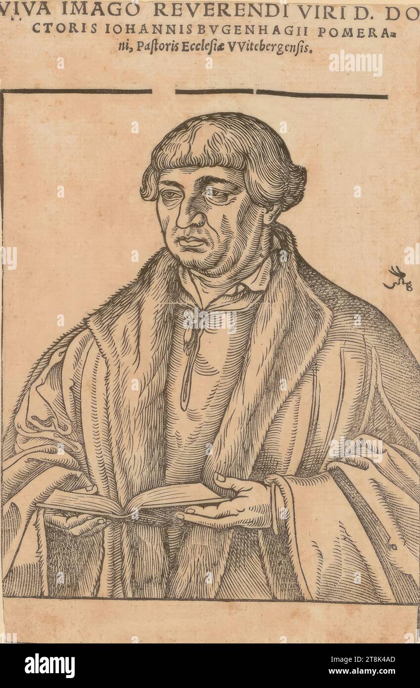 Johannes Bugenhagen, pasteur de Wittenberg, Lucas Cranach l'ancien J., Wittenberg 1515 - 1586 Weimar, estampe, gravure sur bois, feuille : 16,4 × 10,7 cm, M.O. Viva IMAGO REVERENDI VIRI D : DO / CTORIS IOHANNIS BVGENHAGII POMERA / ni, pastoris Ecclesiæ V Vitebergensis Banque D'Images