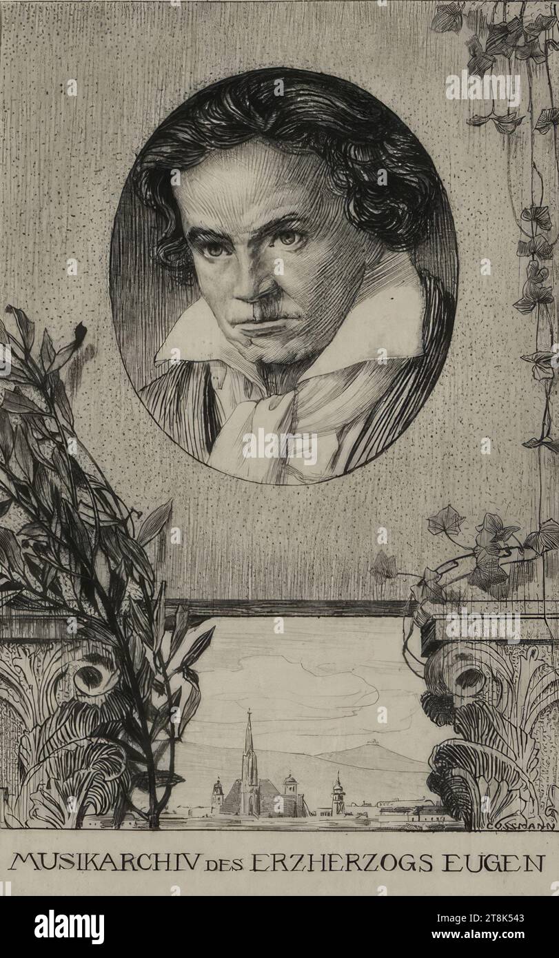 Exlibris Music archive, Alfred Cossmann, Graz 1870 - 1951 Vienne, estampes, gravure, feuille : 15,5 x 11,5 cm, à droite., en impression, 'MUSIC ARCHIVE OF THE ARCHIDUC EUGENE, Austria Banque D'Images