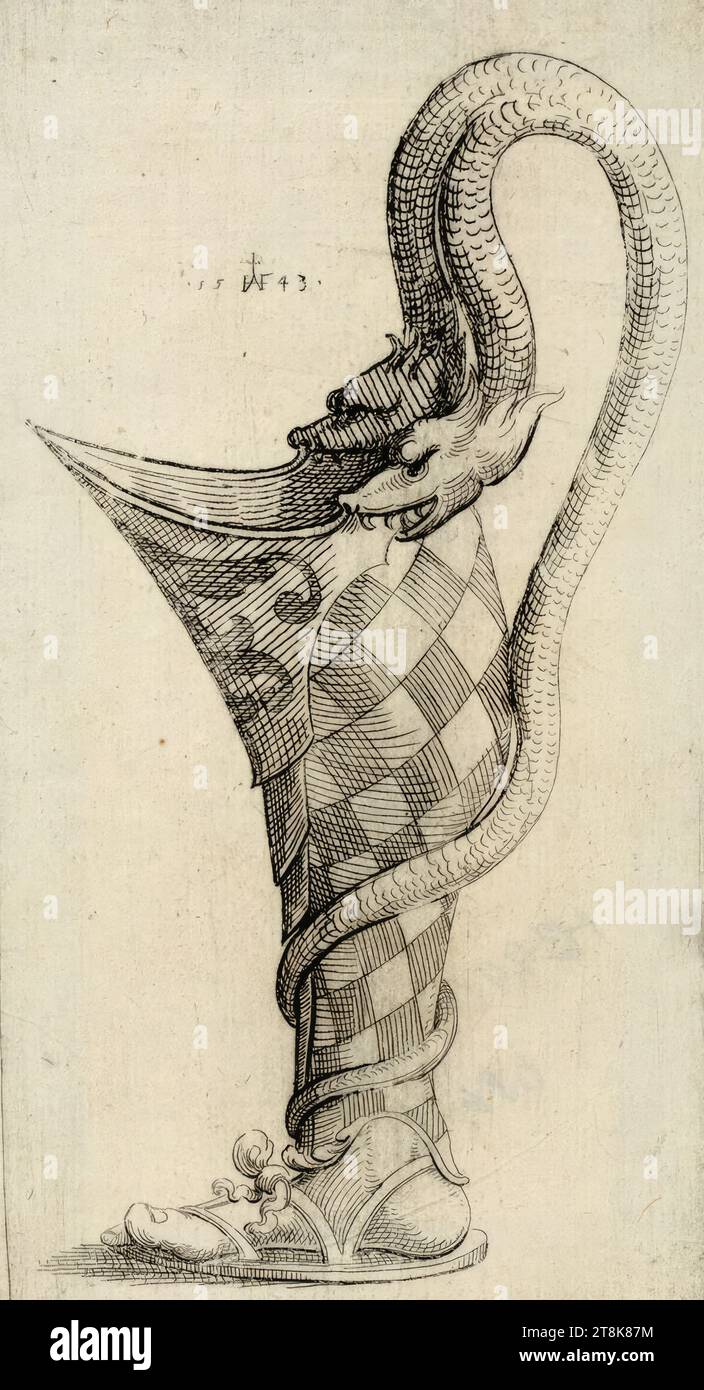 Cruche représentant une jambe humaine, Augustin Hirschvogel, Nuremberg 1503 - 1553 Vienne, 1543, estampe, gravure, planche : 16,9 x 8,9 cm, Autriche Banque D'Images