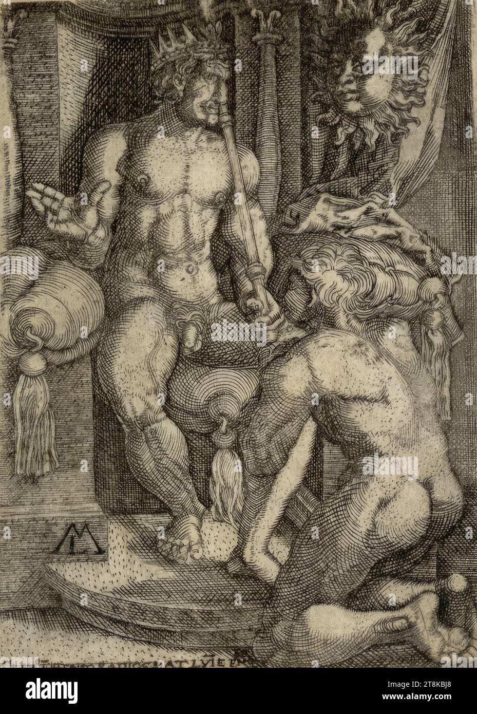 Apollon, Melchior Lorch, Flensburg vers 1527 - après 1583 Copenhague, Rome ou Hambourg, 2e moitié du 16e siècle, estampe, gravure sur cuivre, feuille : 5,9 x 4,2 cm, rognée Banque D'Images