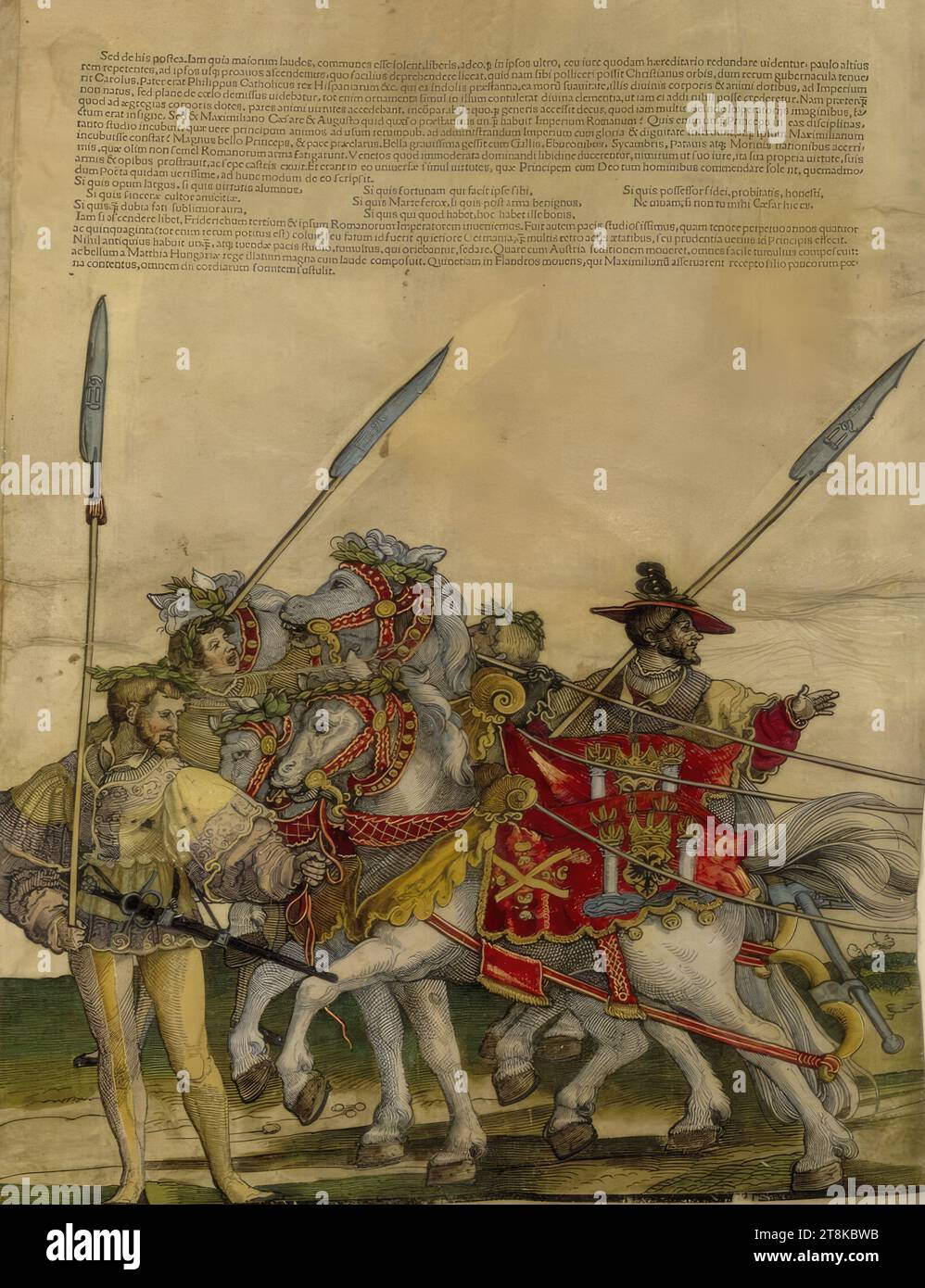 Char triomphal pour l'empereur Charles V - première rangée de la calèche, le char triomphal de Charles V, Hans Schäufelin, Rhin supérieur vers 1482/83 - 1539/40 Nördlingen, 1537, estampe, gravure sur bois sur parchemin, coloré; DG1937/342 et DG1937/345 collés côte à côte avec un chevauchement, feuille : 41,3 x 32 cm Banque D'Images