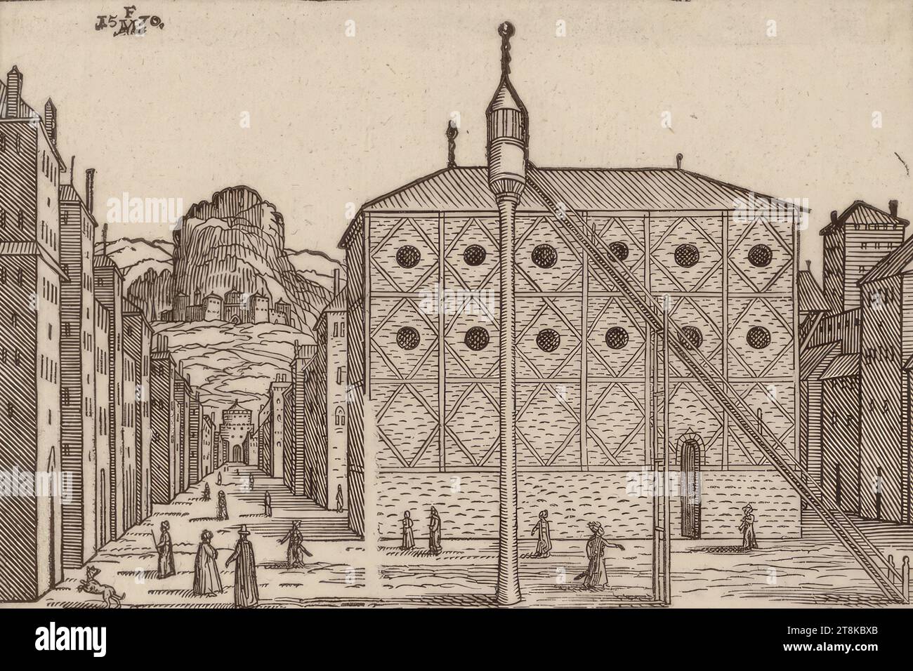 Vue dans une ville turque, à l'avant au milieu une colonne haute avec tourelles, des figures bien travaillées et taillées Anno 1619, Melchior Lorch, Flensburg vers 1527 - après 1583 Copenhague, Rome ou Hambourg, 1570, estampe, gravure sur bois, feuille : 12,5 x 18,2 cm Banque D'Images