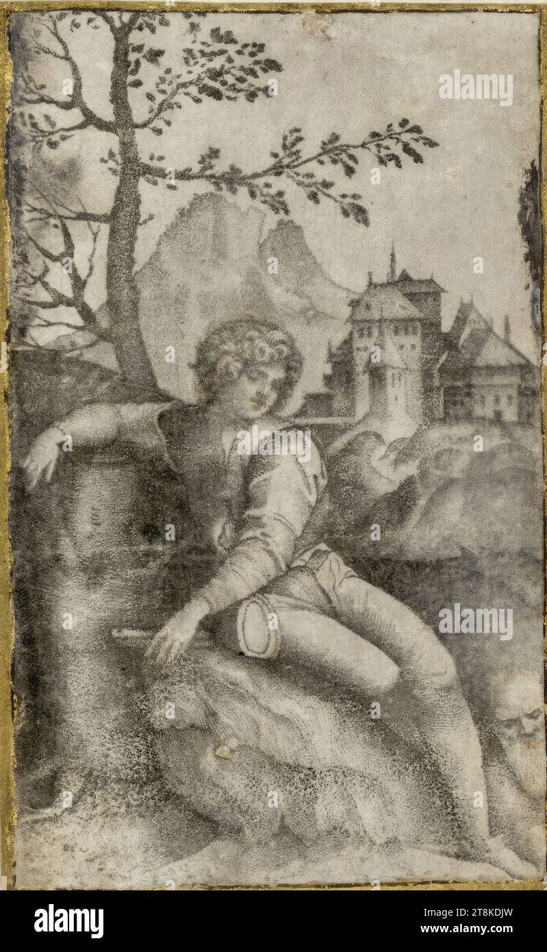 Le jeune berger, Giulio Campagnola, Padoue, vers, 1482 -, autour, 1516 Venise, fin du 15e siècle, 1e moitié du 16e siècle, impression, gravure sur cuivre, technique par points, 133 x 83 mm, 'F.R. 1799 Banque D'Images