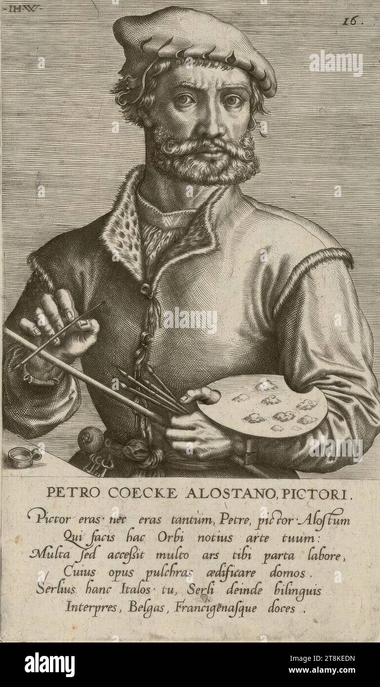 Portrait de Pieter Coecke van Aelst, Jan Wierix, Anvers vers 1549 - vers 1620 Bruxelles, 1572, tirage, gravure sur cuivre, feuille : 21,2 x 12,7 cm, a.k. 'PETRO COECKE ALOSTANO, PICTORI. / Pictor Eras. nec Eras tantùm, Petre, Pictor. Alostum / qui facis hac Orbi notius arte tuum : / Multa sed Access multo ars tibi parta labore, / cuius opus pulchras aedificare domos. Serlius hanc Italos. tu, Serli deinde bilinguis / interprés, Belgas, Francigenasque doces Banque D'Images