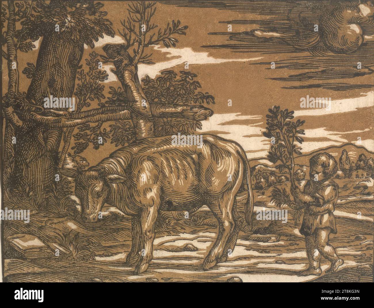 Berger garçon avec un jeune taureau, Niccolò Boldrini, Italie, adulte 1540/1549, /1566 - 1566, vers 1560-1570, impression, clair obscur gravure sur bois en deux plaques, marron, feuille : 14,3 x 18 .6cm Banque D'Images