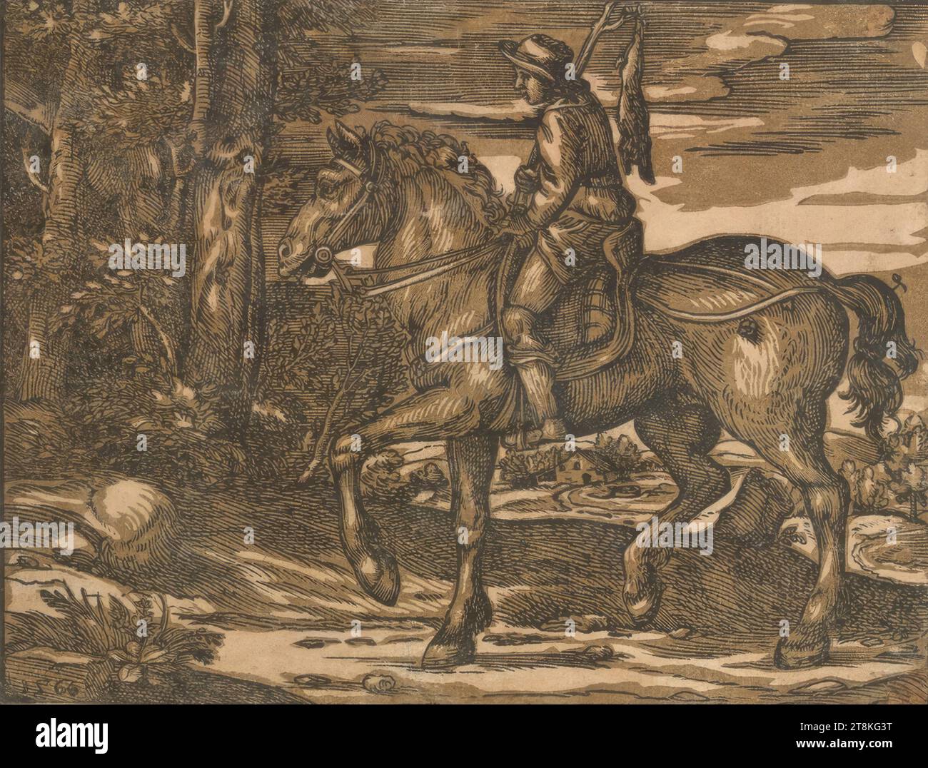 Chasseur de lièvre à cheval, Niccolò Boldrini, Italien, adulte 1540/1549, /1566 - 1566, 1566, impression, clair obscur gravure sur bois en deux planches, marron, feuille : 14,3 x 18,7 cm Banque D'Images