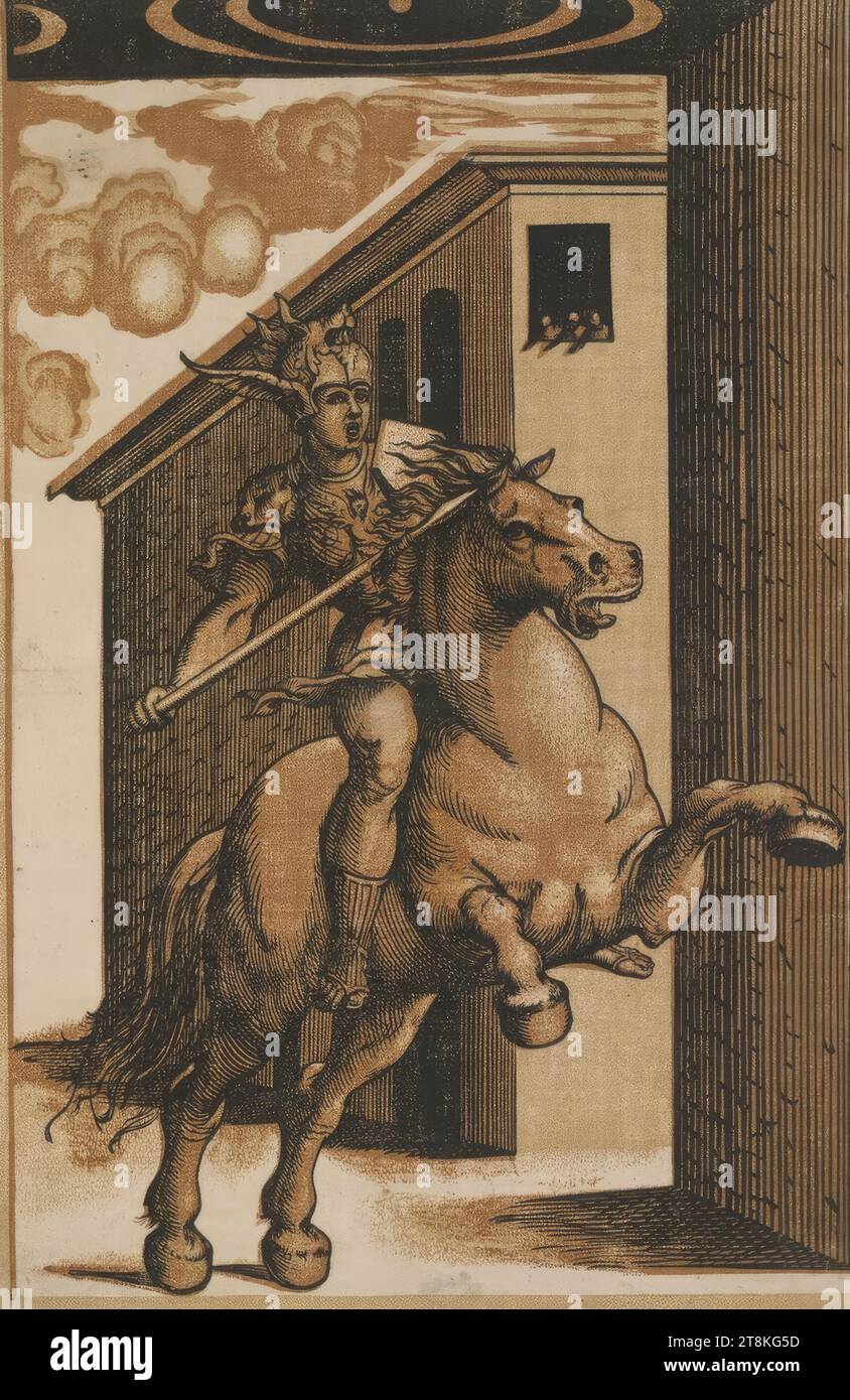 Marcus Curtius à cheval, Niccolò Boldrini, Italien, adulte 1540/1549, /1566 - 1566, deuxième tiers du 16e siècle, estampe, clair obscur gravure sur bois en trois planches, ocre, marron, feuille : 39, 5' x 10,2 Banque D'Images
