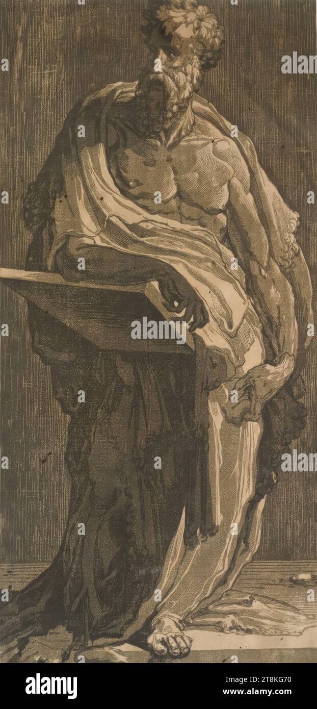 Apôtre, Domenico Beccafumi a appelé. Mecarino, Cortine in Valdibiana Montaperti près de Sienne 1484 - 1551 Sienne, vers 1544-1547, impression, gravure sur bois clair-obscur en trois planches, brun, feuille : 39,8 x 19,1 cm Banque D'Images