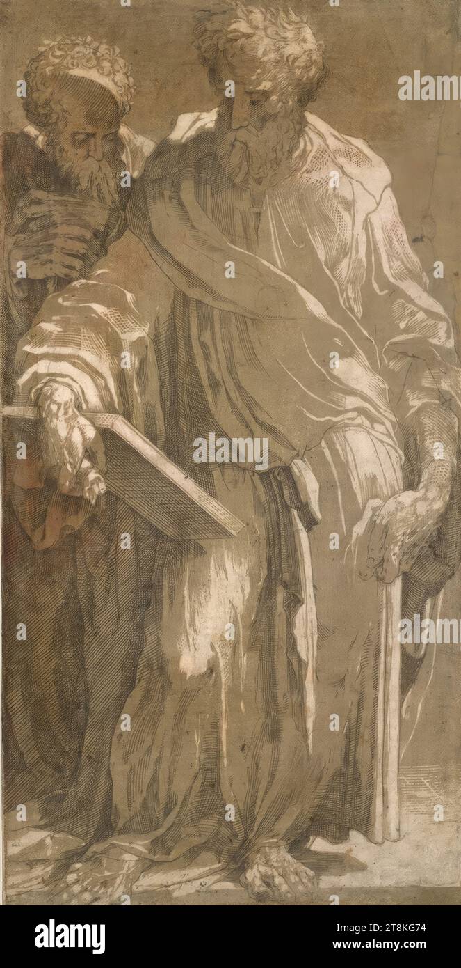 Deux apôtres, Domenico Beccafumi dit Mecarino, Cortine en Valdibiana Montaperti près de Sienne 1484 - 1551 Sienne, vers 1544-1547, impression, gravure sur cuivre et plaque d'argile, ocre, feuille : 41,1 x 20,8 cm Banque D'Images