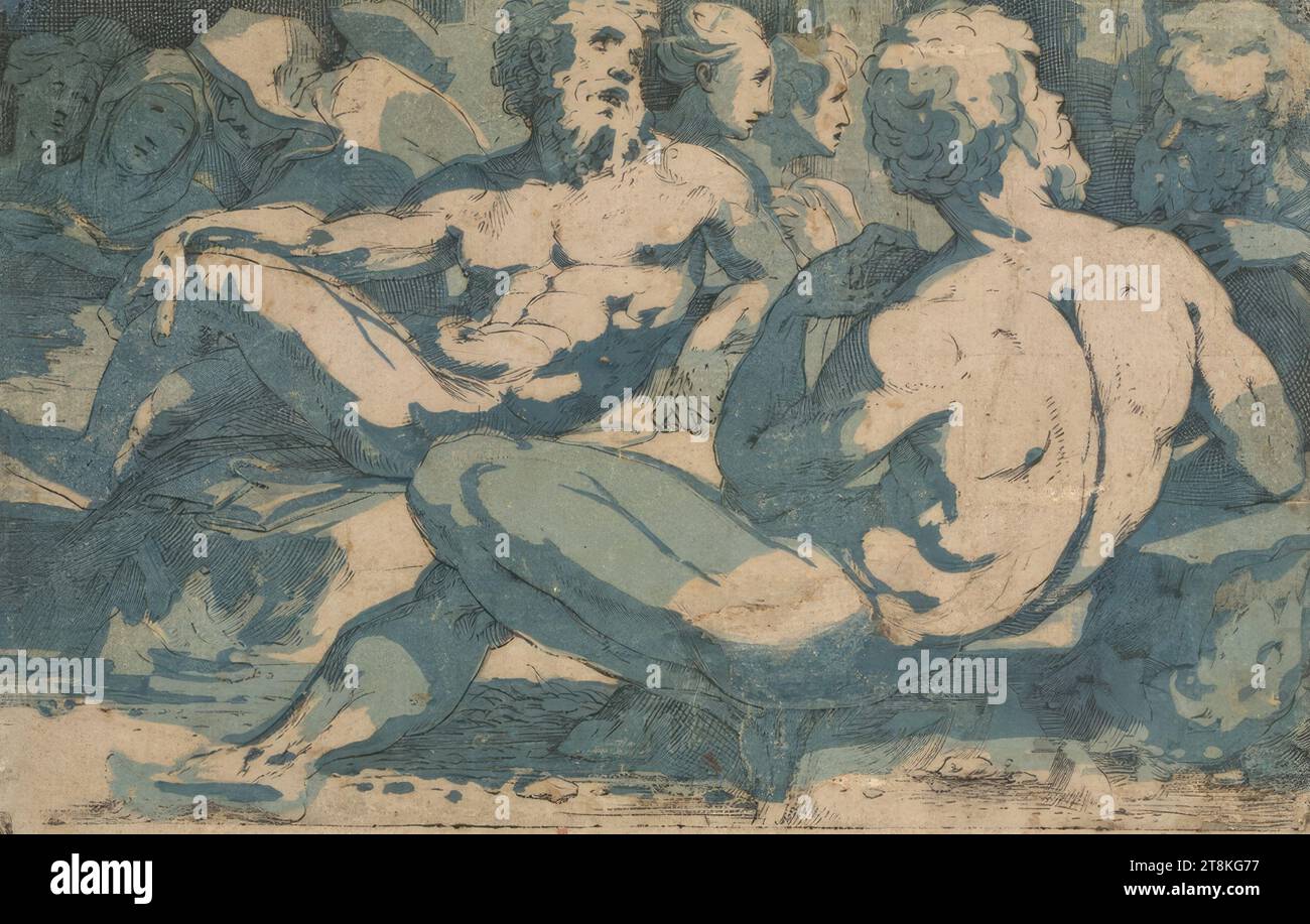 Groupe d'hommes et de femmes, Domenico Beccafumi appelé Mecarino, Cortine en Valdibiana Montaperti près de Sienne 1484 - 1551 Sienne, vers 1545-1547, impression, gravure sur cuivre et deux plaques d'argile, bleu clair et bleu, feuille : 14,4 x 22,2 cm Banque D'Images