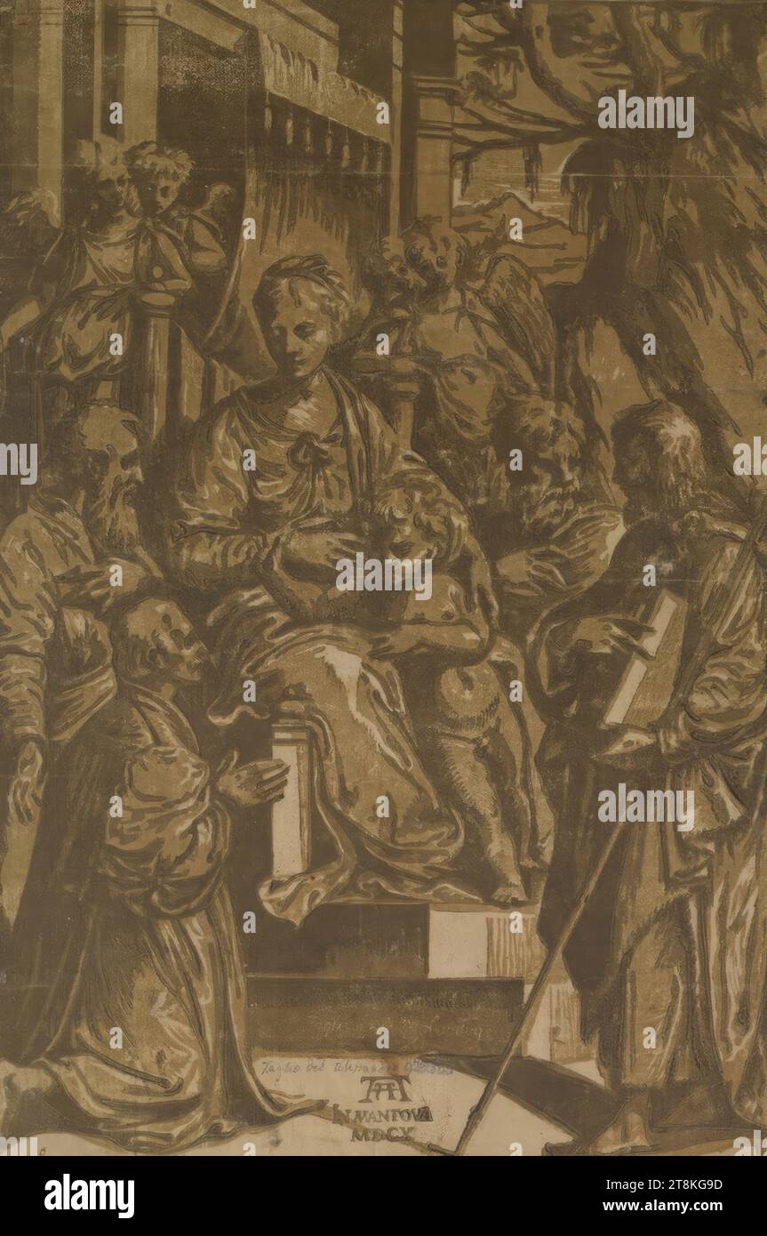 La mère de Dieu avec l'enfant et les saints, Alessandro Gandini, Italie, a mentionné pour la première fois 1551/1600, vers 1540-1550, nouvelle édition Andreani 1610, impression, clair obscur gravure sur bois à partir de trois planches Banque D'Images