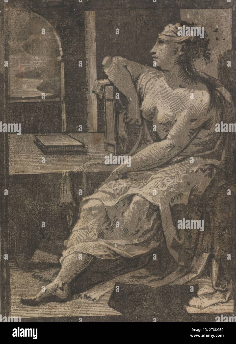 La Méditation, Domenico Beccafumi a appelé. Mecarino, Cortine in Valdibiana Montaperti près de Sienne 1484 - 1551 Sienne, vers 1547-1551, impression, gravure sur bois clair-obscur en trois planches, gris, feuille : 21,2 x 15,5 cm Banque D'Images