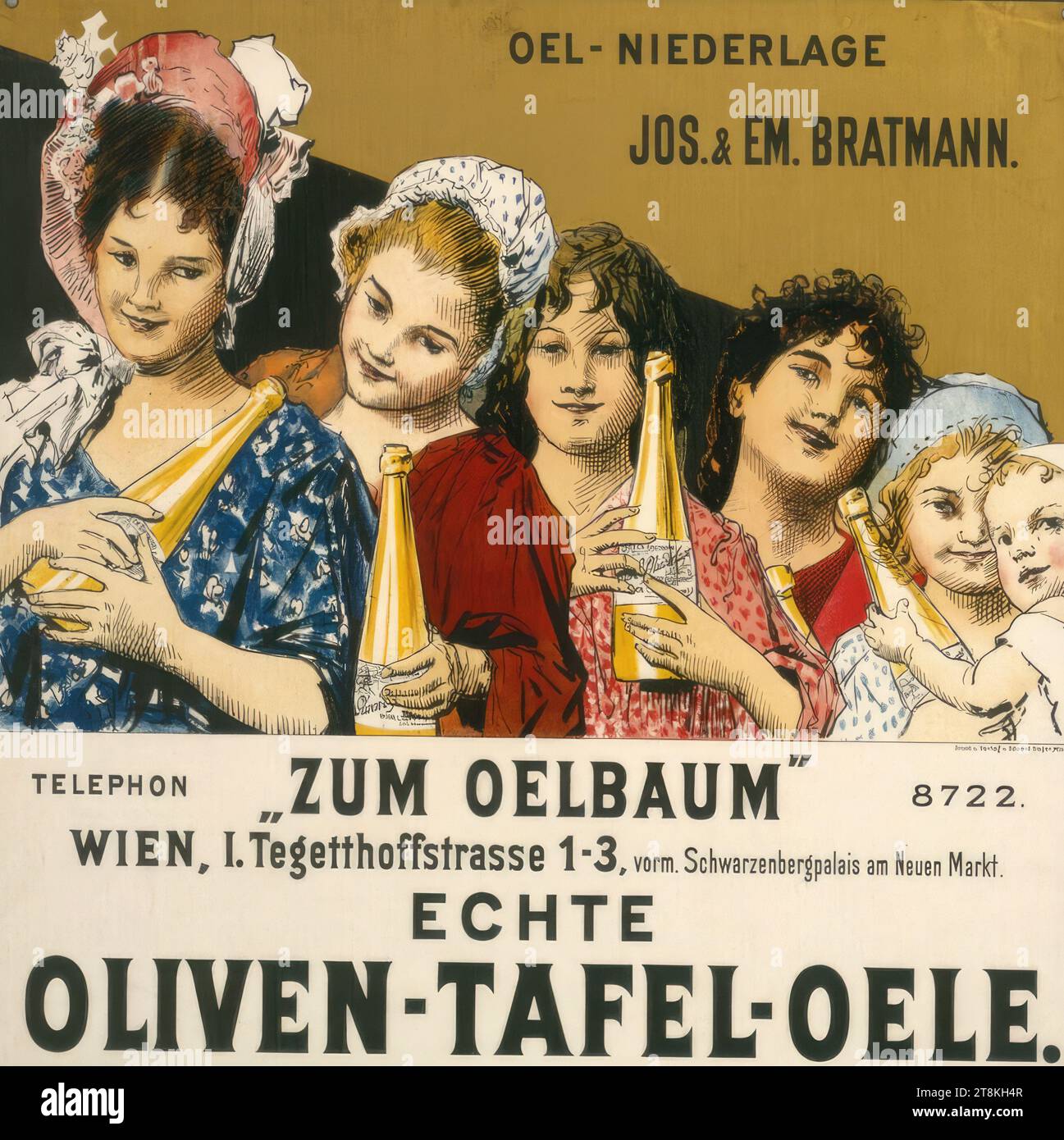 JOS. & EM. FRITEUSE. 'ZUM OELBAUm', Eduard Veith, Neutitschein 1856 - 1925 Vienne, vers 1900, tirage, lithographie couleur, feuille : 615 mm x 500 mm, Autriche Banque D'Images