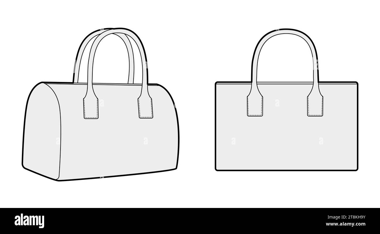 Sac silhouette mini Bowling Tote. Illustration technique accessoire de mode. Vector satchel vue avant 3-4 pour hommes, femmes, style unisexe, sac à main plat maquette CAD esquisse contour isolé Illustration de Vecteur