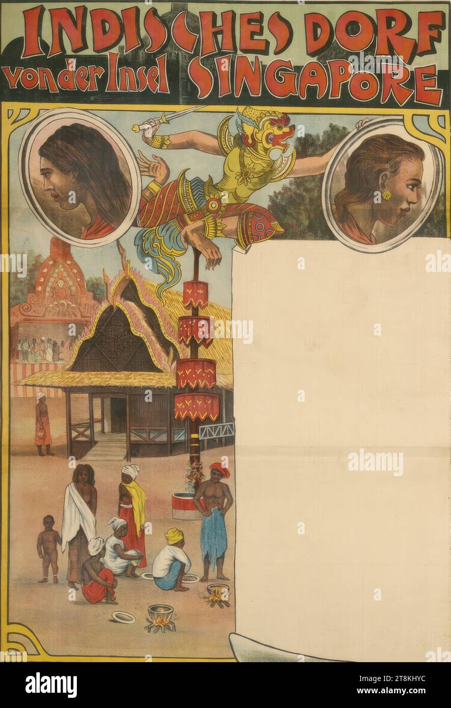VILLAGE INDIEN au large de l'île de SINGAPOUR, affiche vierge, anonyme, vers 1900, imprimé, lithographie couleur, feuille : 950 mm x 620 mm Banque D'Images